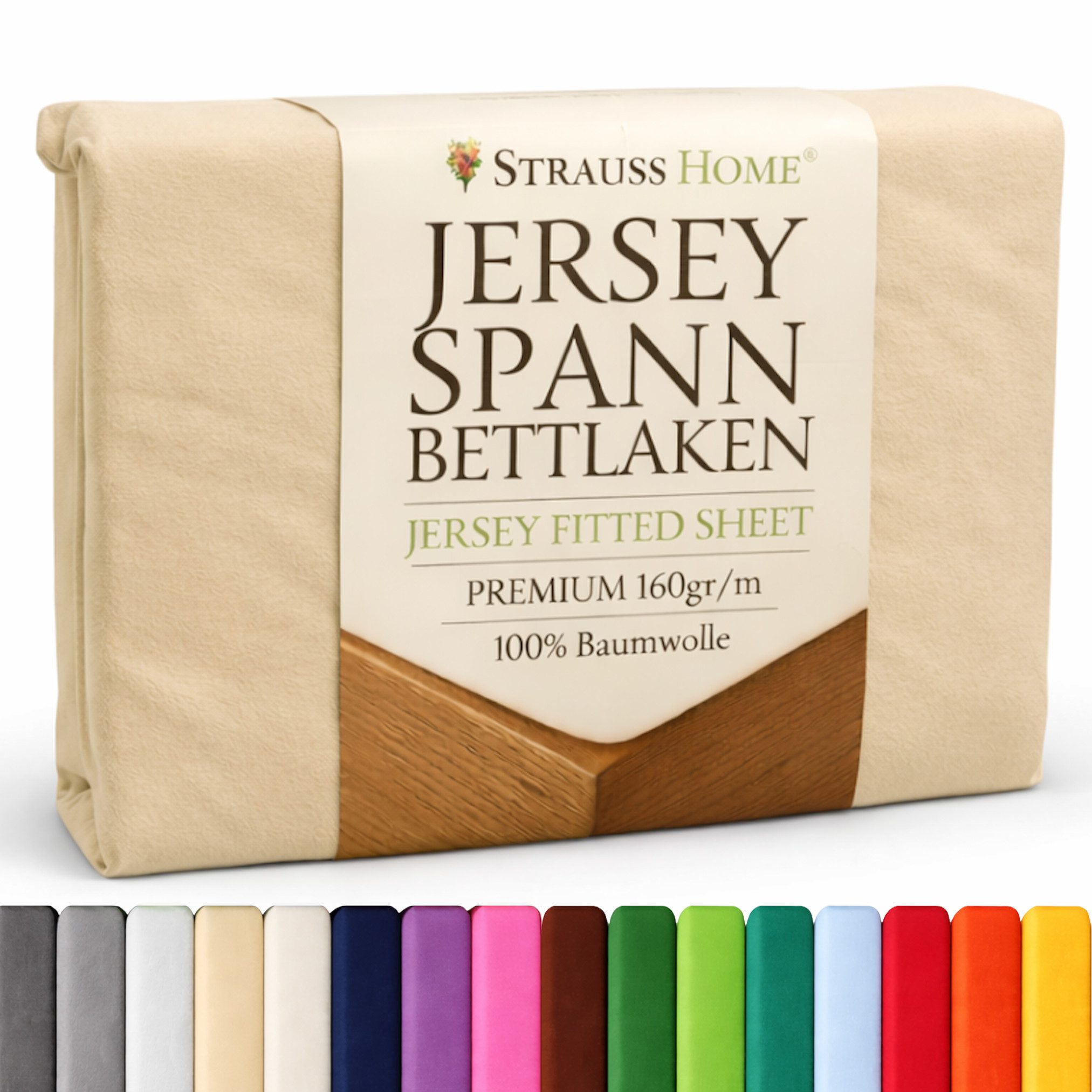 Strauss Home Spannbettlaken Premium 160 g/m² Gekämmte Baumwolle Jersey in Hotelqualität, Gummizug: Rundumgummi, OEKO-TEX®-zertifiziert - Hotelqualität – Formstabil & Langlebig