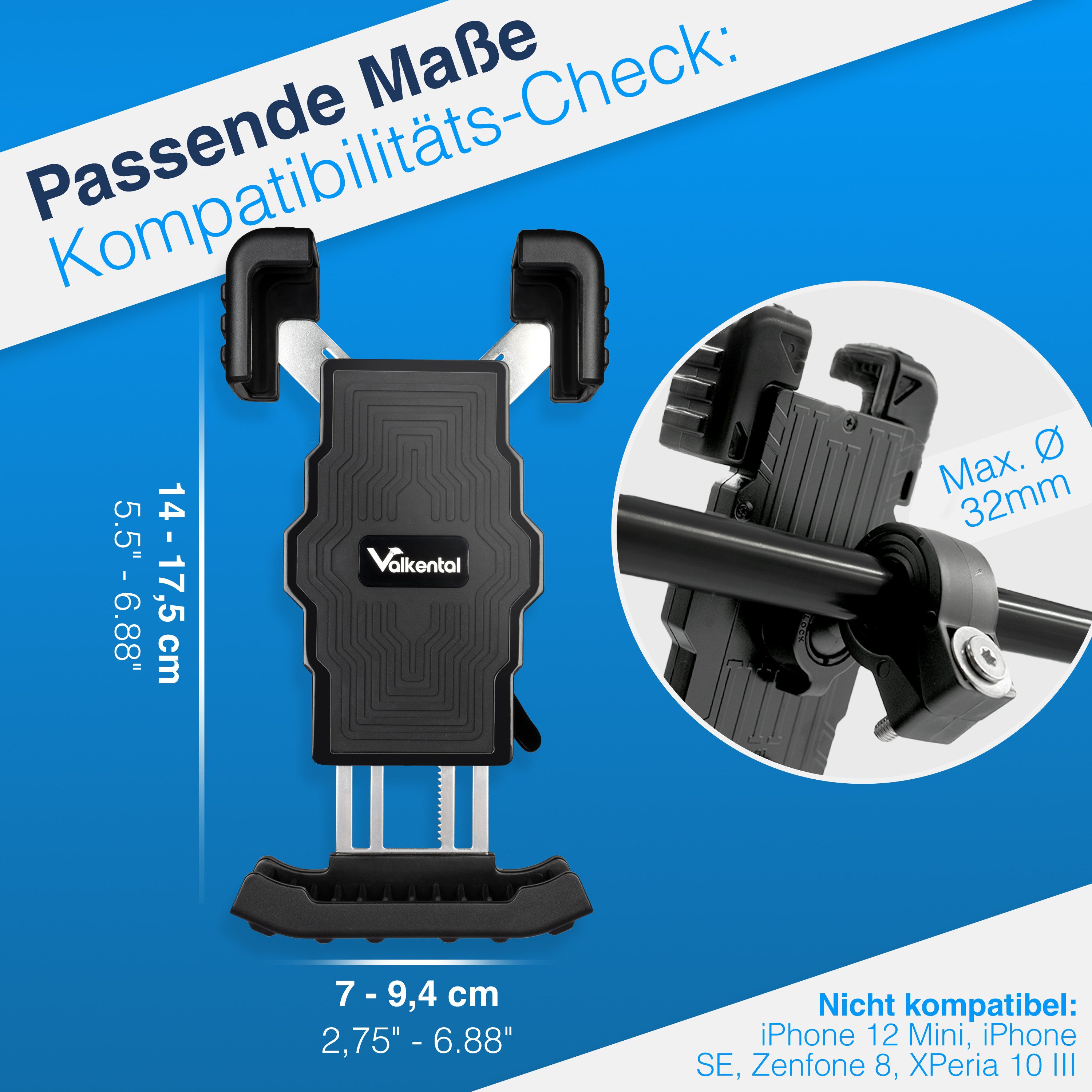 Valkental Handy-Halterung PhoneFix Fahrrad, (für Lenker, werkzeugfrei montierbar & 360° drehbar)