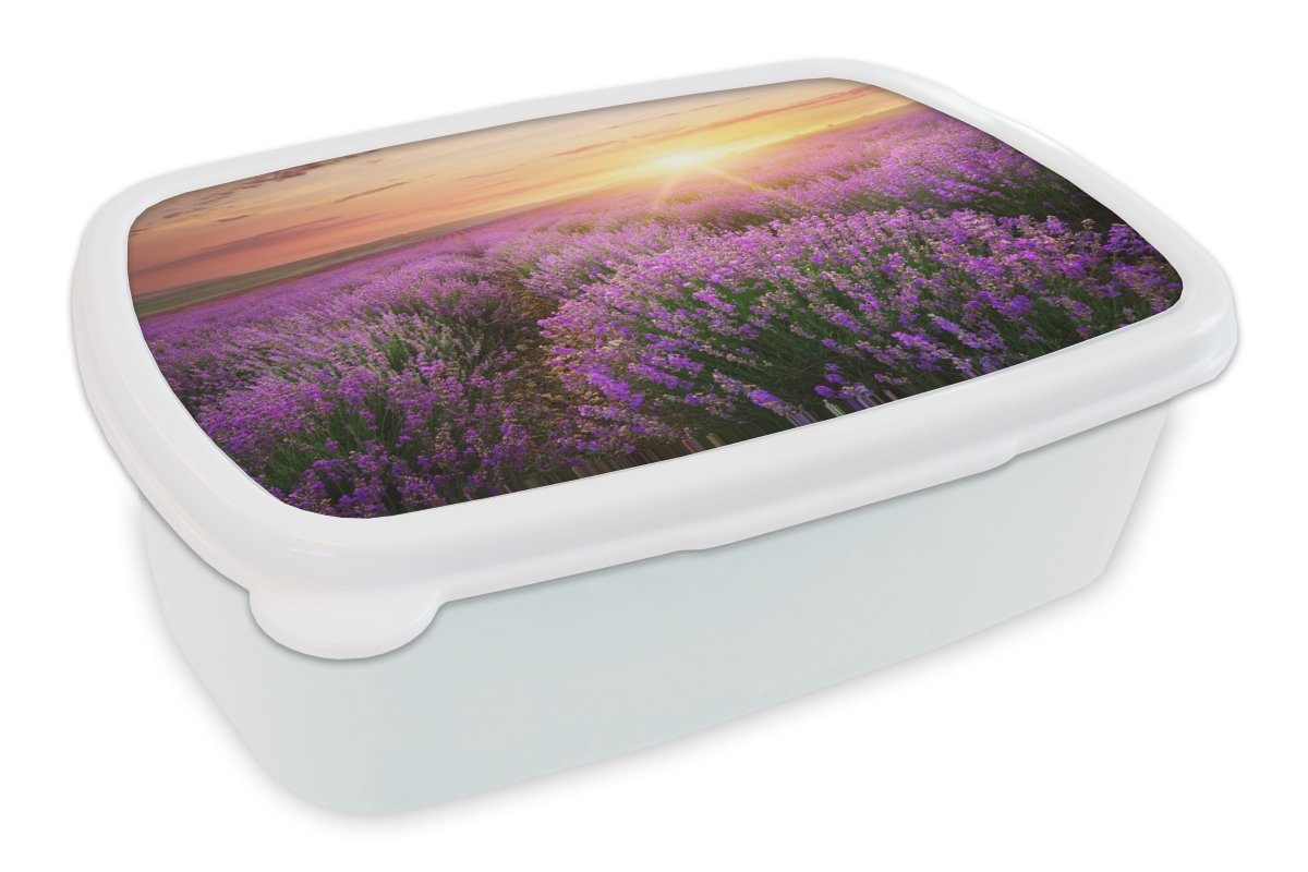 Lavendel Mädchen Jungs Blumen, Kunststoff, und und Sonne für - Kinder - für Erwachsene, MuchoWow (2-tlg), Brotdose, Lunchbox Brotbox weiß