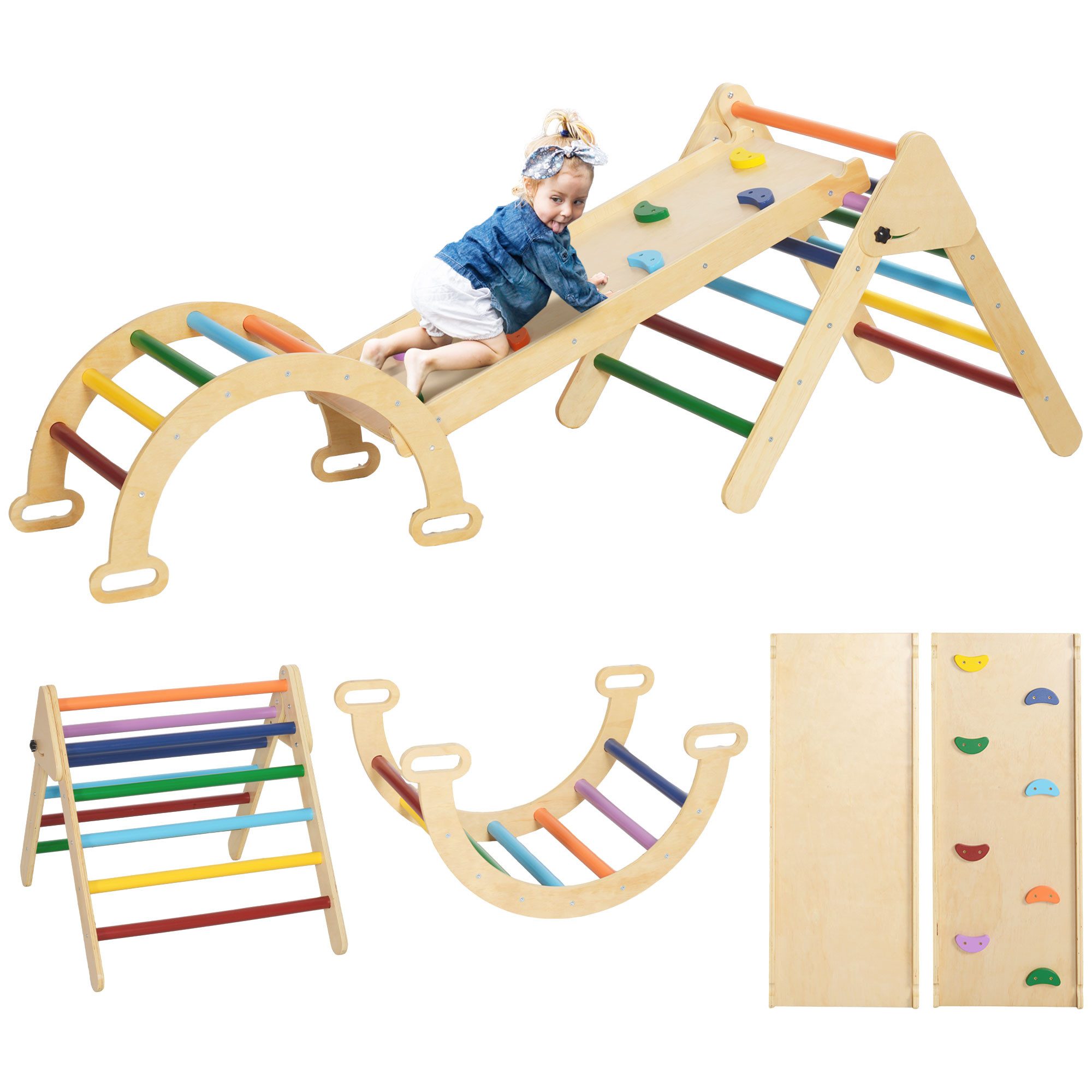 AIYAPLAY Klettergerüst 5-in-1 Montessori Holz mit Kletterbogen, Rutsche Spielplatz, (Kletterspielzeug, 3-St., Kletterdreieck zum Rutschen und Klettern), für Kinder 1,5-4 Jahre, Indoor, Mehrfarbig