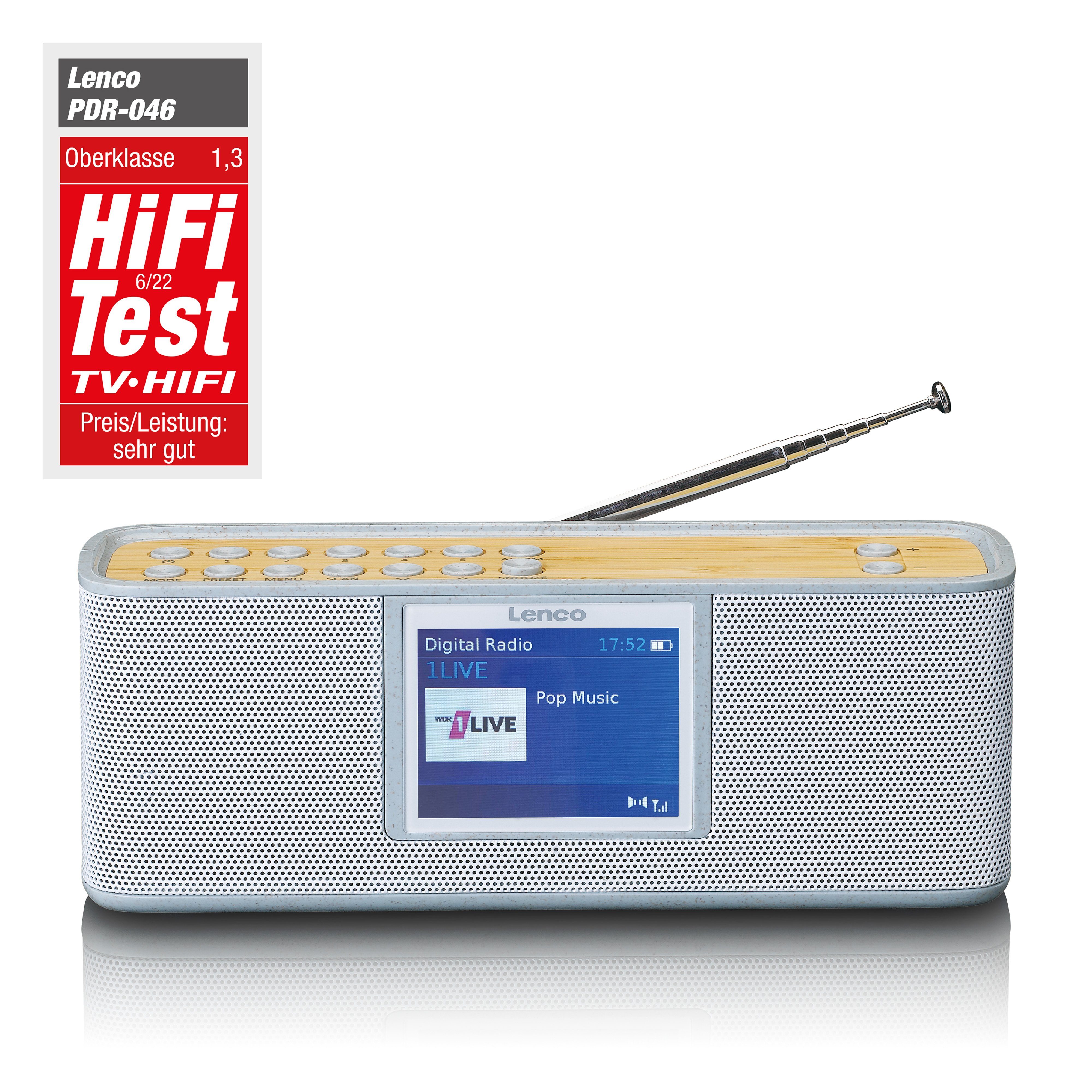 Lenco PDR-046GY Digitalradio (DAB) (DAB,DAB+,FM, 6 W, Stereo 2.0 Sound, Bluetooth 5.0 & 7 Std. Akkulaufzeit im Bambus Design)
