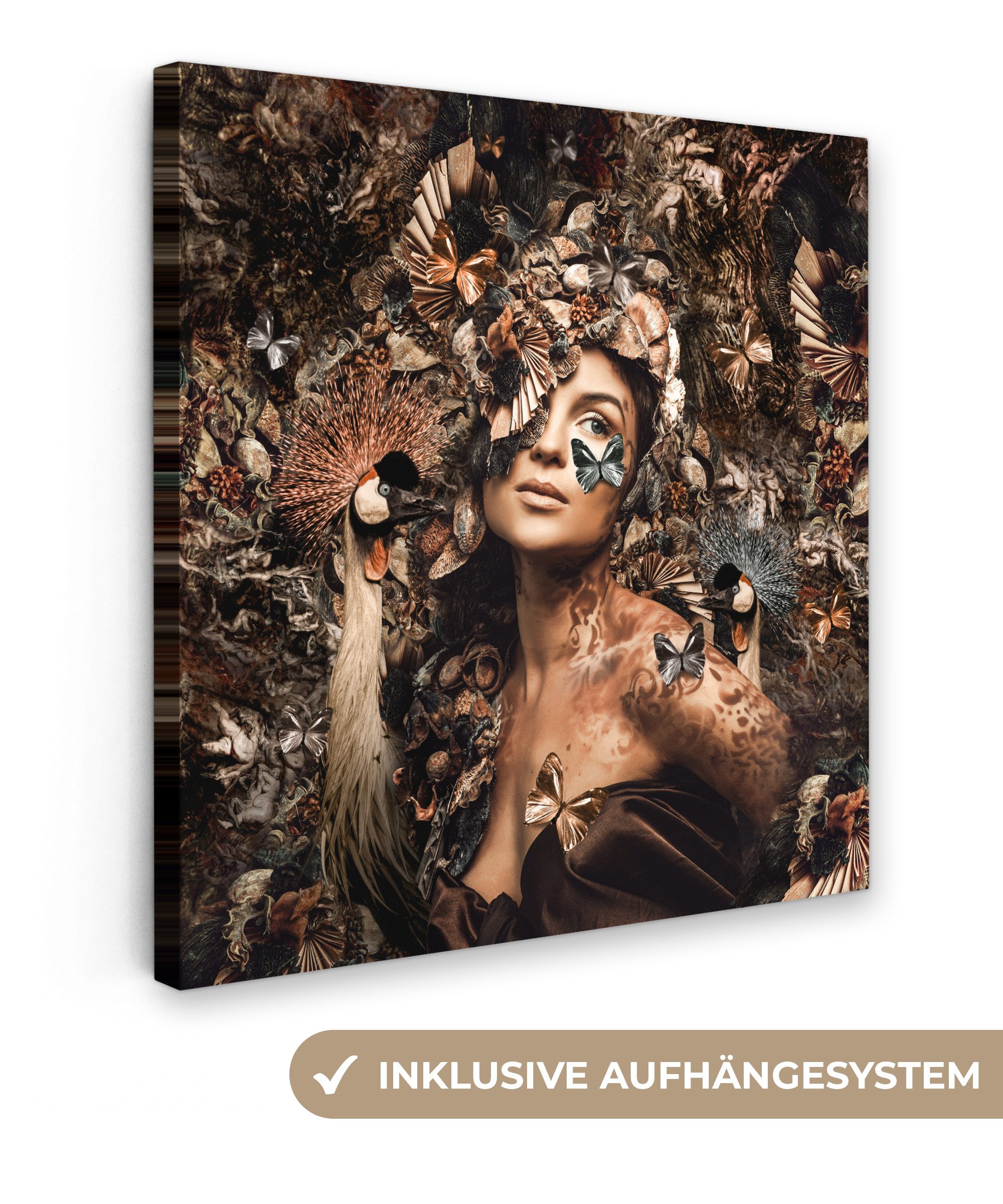 OneMillionCanvasses® Leinwandbild Luxus - Frau - Tiere - Schmetterlinge - Vögel, Fotodruck (1 St), Wandbild, Deko Schlafzimmer Wohnzimmer Flur 20x20 cm