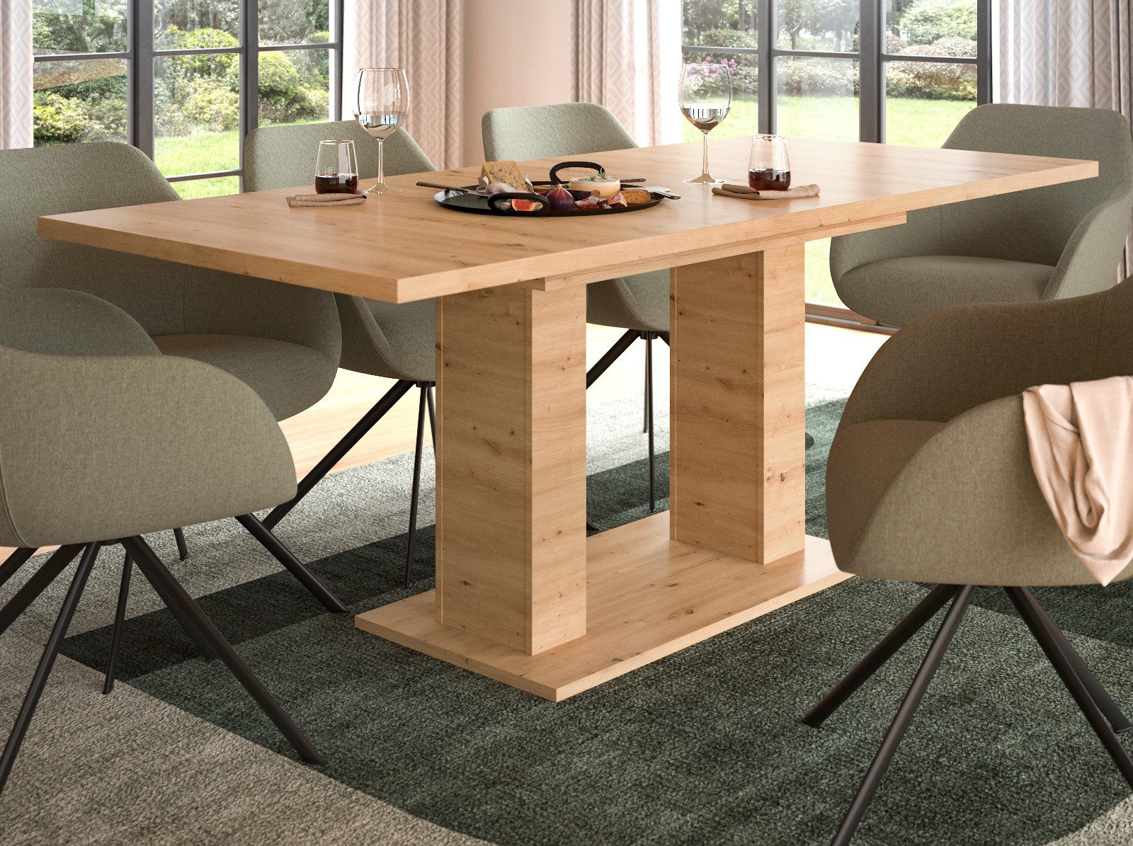 Inn.Furn Säulen-Esstisch Home-X (Küchentisch in Eiche Artisan, ausziehbar 150 - 190 cm, bis 8 Personen), mit stabiler Doppel-Säule