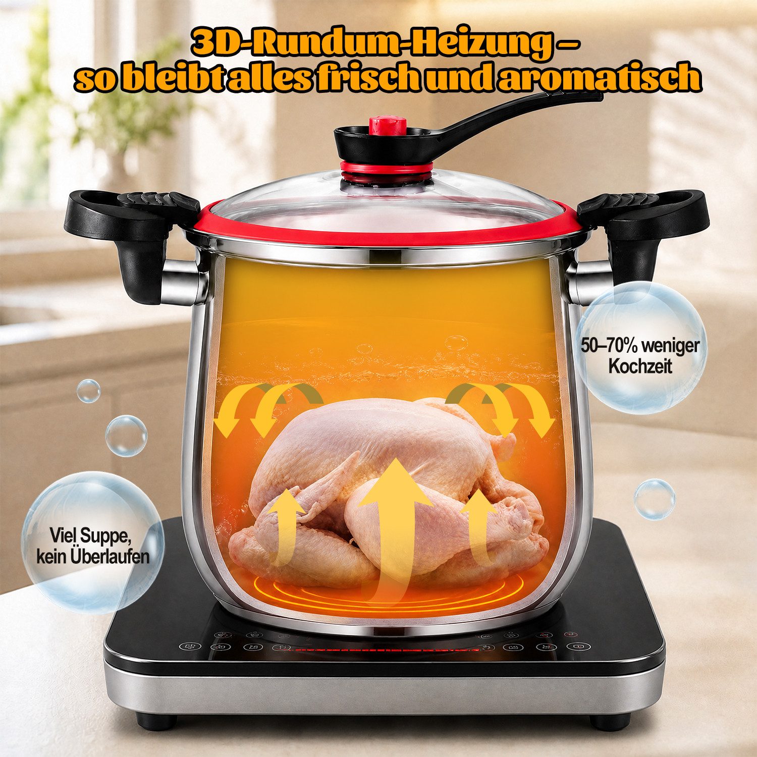 Esun Schnellkochtopf Edelstahl Schnellkochtopf, Kochtöpfe, Topf mit Glasdeckel, 22 cm, 6 L, Edelstahl (Set, Komplettset), Kochtopf Induktion Topfset, Spülmaschi – Bild 4 von 5