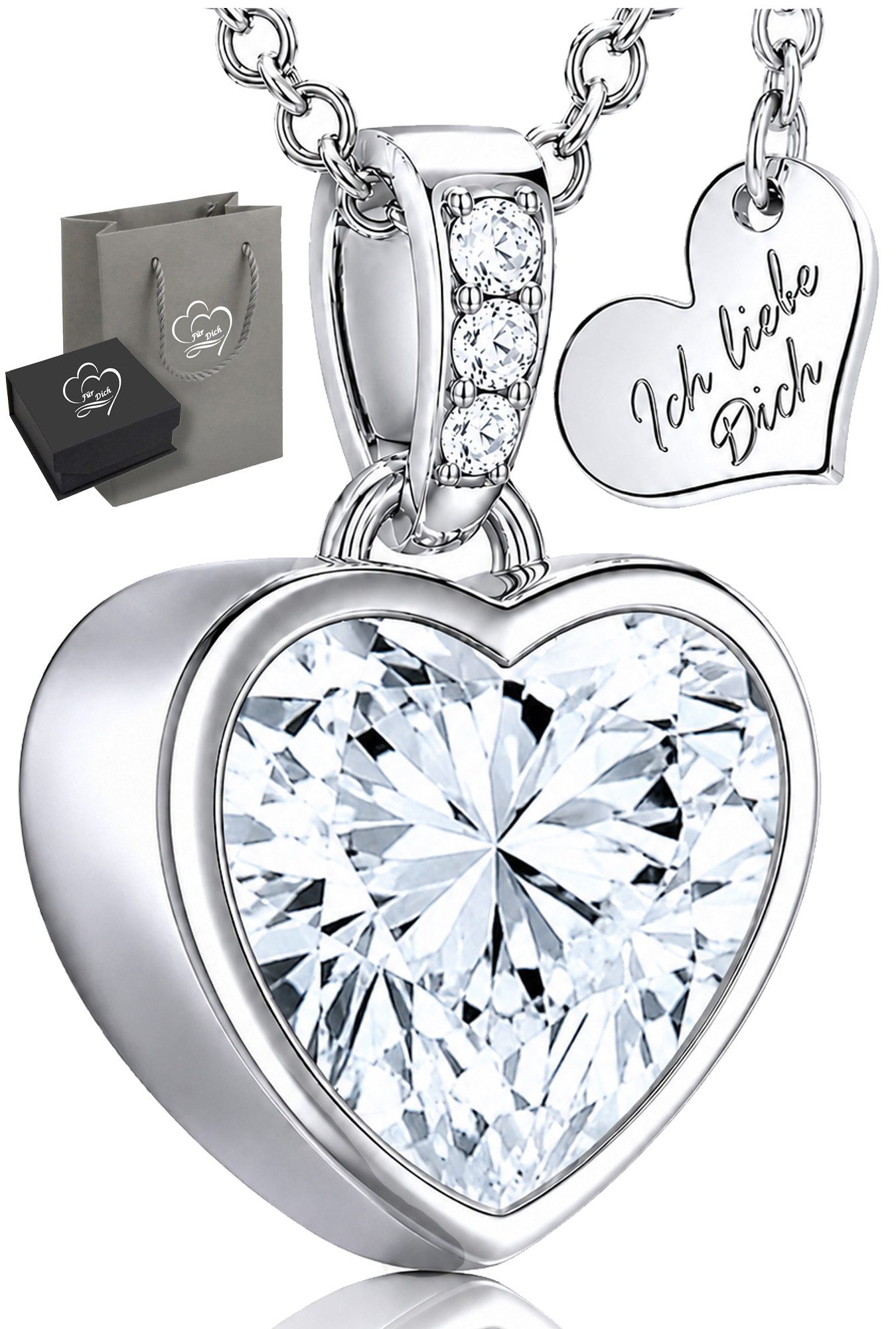 Limana Herzkette Damen Schmuck echt 925 Silber zeitloser Herz Anhänger mit Zirkonia (Geschenk für Freundin Frau Mama inkl. Dose Tasche), Geburtstag Weihnachten Jahrestag Hochzeitstag Valentinstag