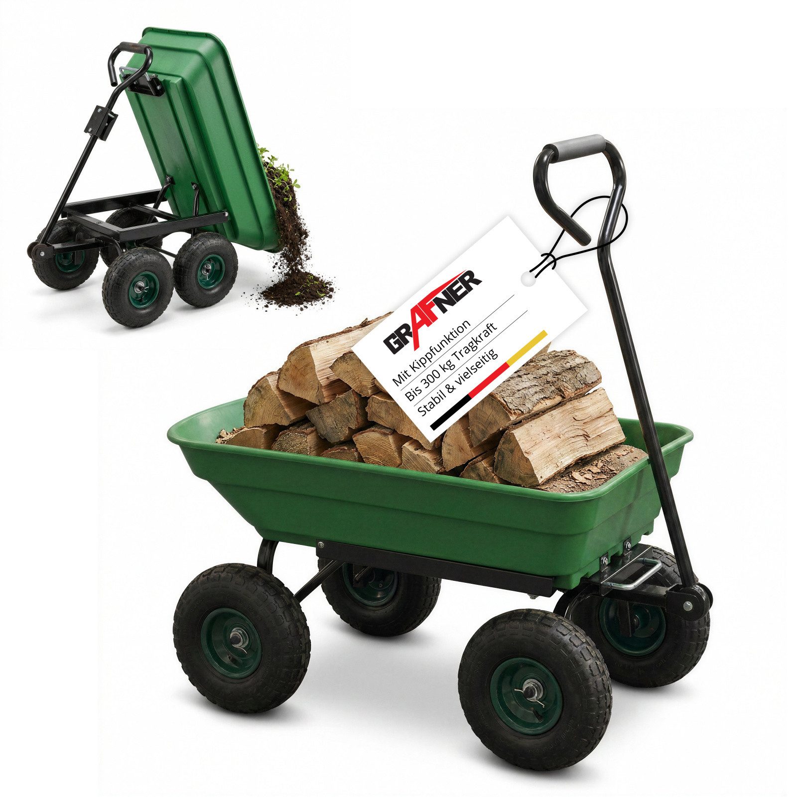 Grafner Schubkarre Grafner® Gartenwagen mit Kippfunktion Bollerwagen max. 300 kg Transpor, Kippfunktion mit Sicherheitsverschluss