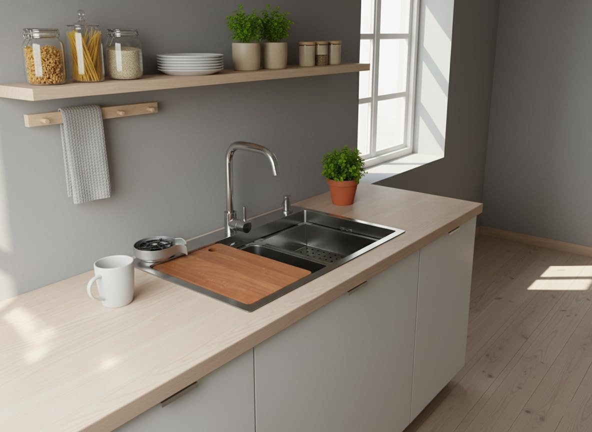 Faizee Home Edelstahlspüle Quantum Silber Edelstahlspüle 75x45 cm – Küchenspüle mit Zubehör