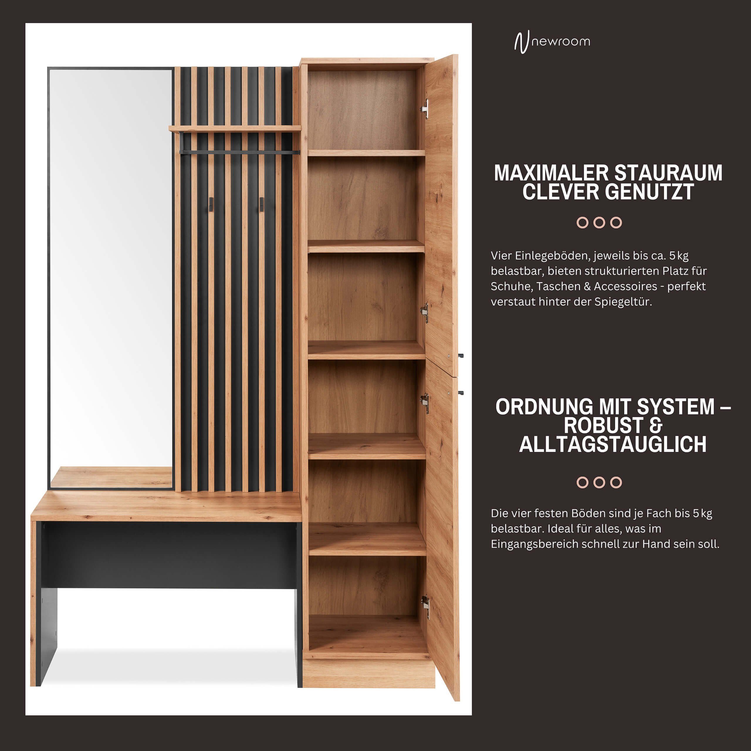Newroom Kompaktgarderobe Wildeiche 122 cm Wildeiche Garderobe Schuhregal Flurgarderobe Modern Vintage Gardero...