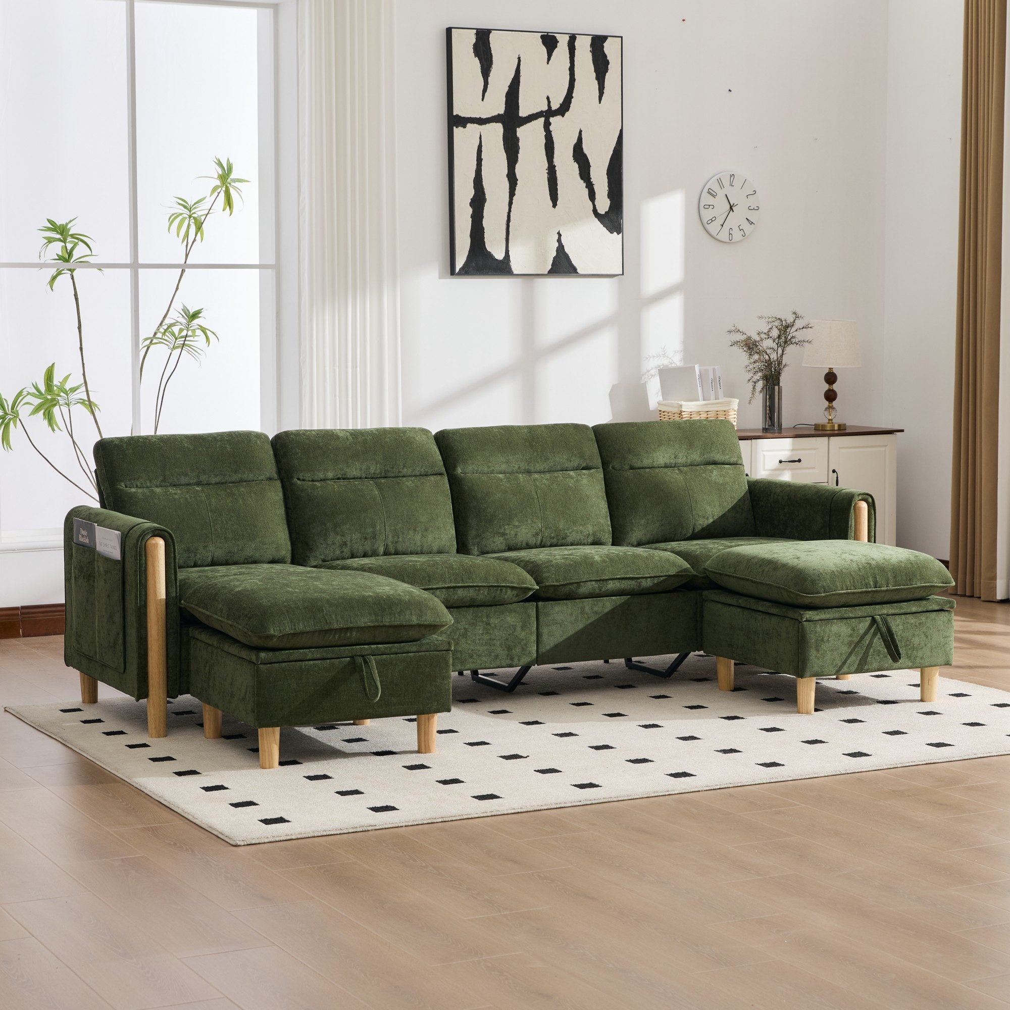 BlingBin Wohnlandschaft 4-Sitzer U-Form Sofa mit 2 Hockern und Stauraum, Wohnzimmersofa 1 Teile, modulares Vier-Sitzer-Sofa mit Tischbeinen aus Holz, für Wohnzimmer