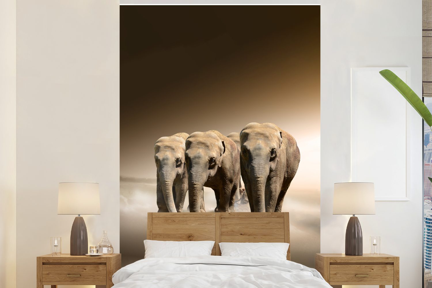MuchoWow Fototapete Elefanten - Tiere - Nebel, Matt, bedruckt, (3 St), Montagefertig Vinyl Tapete für Wohnzimmer, Wandtapete
