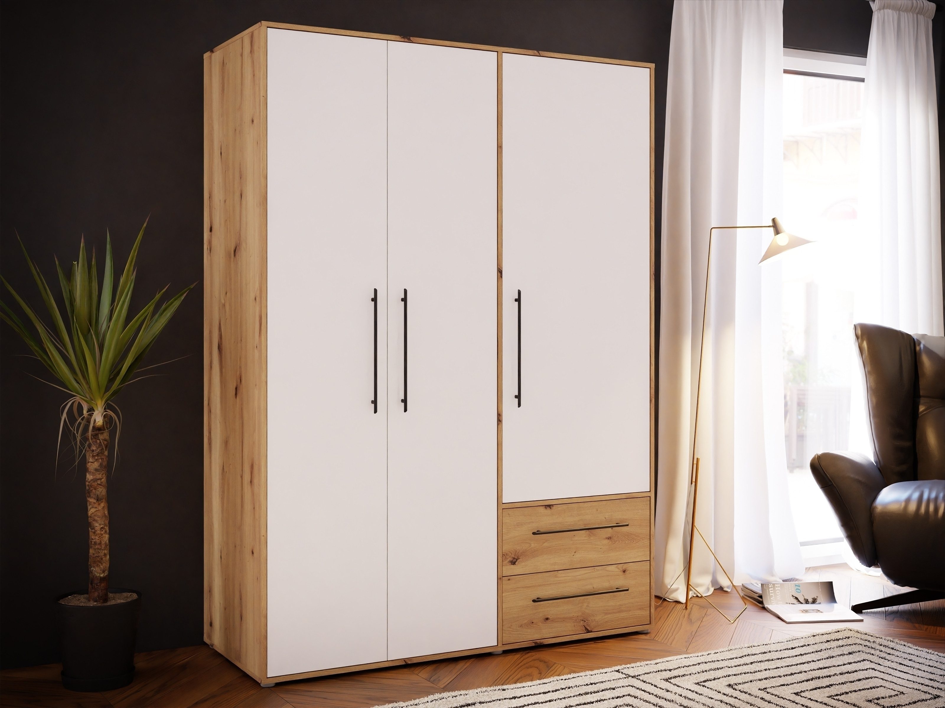 freiraum Kleiderschrank Mokkaris 2 Schübe, Artisan Eiche Dekor / Weiß - 144,4x200,1x58,8cm (BxHxT)