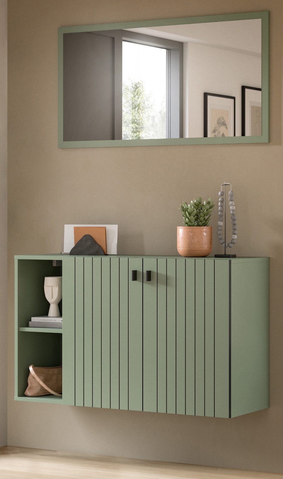 Inn.Furn Garderoben-Set Loreno, (Set mit Wandspiegel und Kommode hängend, in Grün, Breite 106 cm), gefräste Rillen in Schwarz