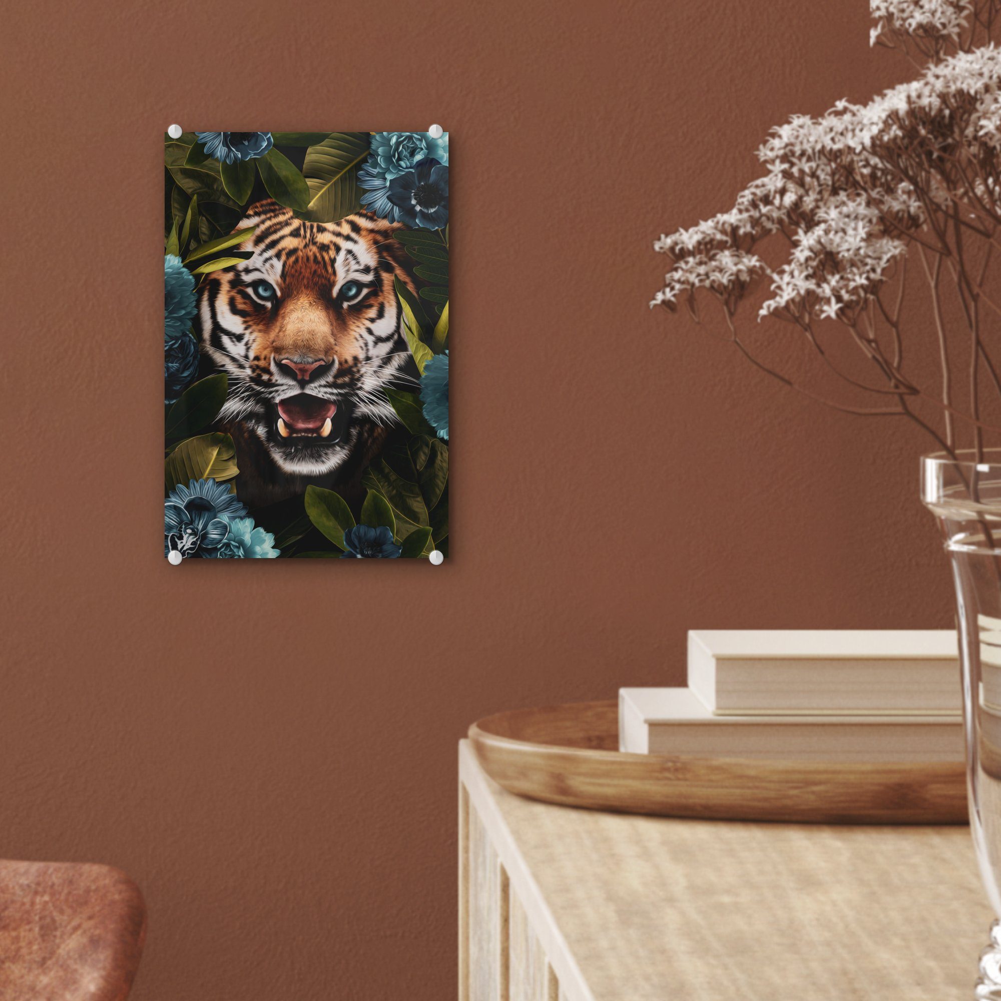 Wandbild - Wanddekoration bunt - - Blätter Bilder - - Foto (1 Glas Glas auf Acrylglasbild Blau, St), Glasbilder auf MuchoWow Tiger