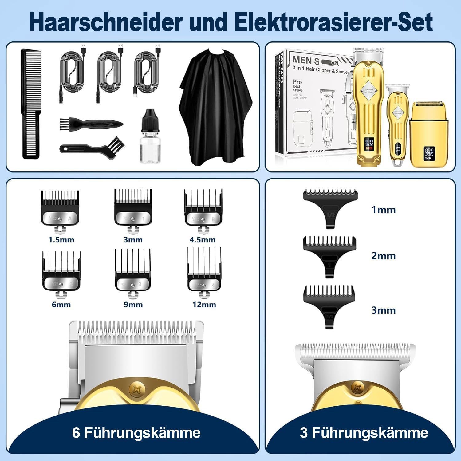 MOPUEA Haarschneider 3-in-1 Herren Haarschneider Set mit LCD, Edelstahlklinge, USB-Ladung, Enthält Haarschneider, Trimmer, Rasierer und Zubehör, LCD-Anzeige, 3 Geschwindigkeiten, Edelstahlklingen