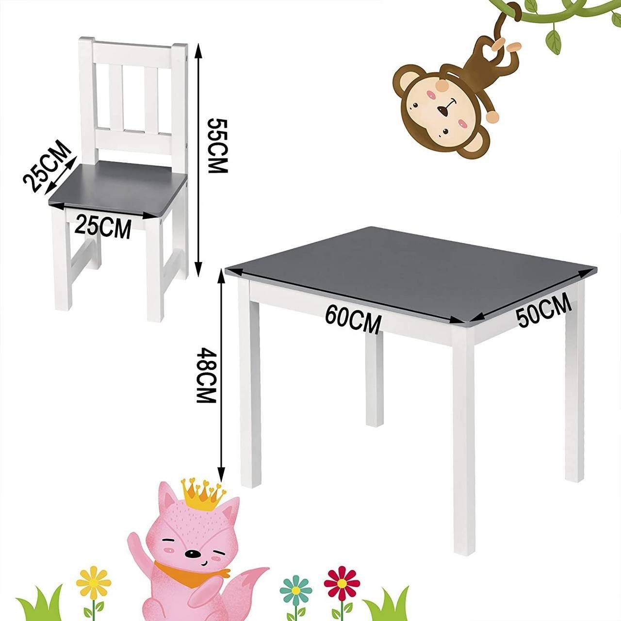 60x50x48cm, Kindertisch 2 mit Kindersitzgruppe, Woltu Stühle, Weiß+Grau Holz