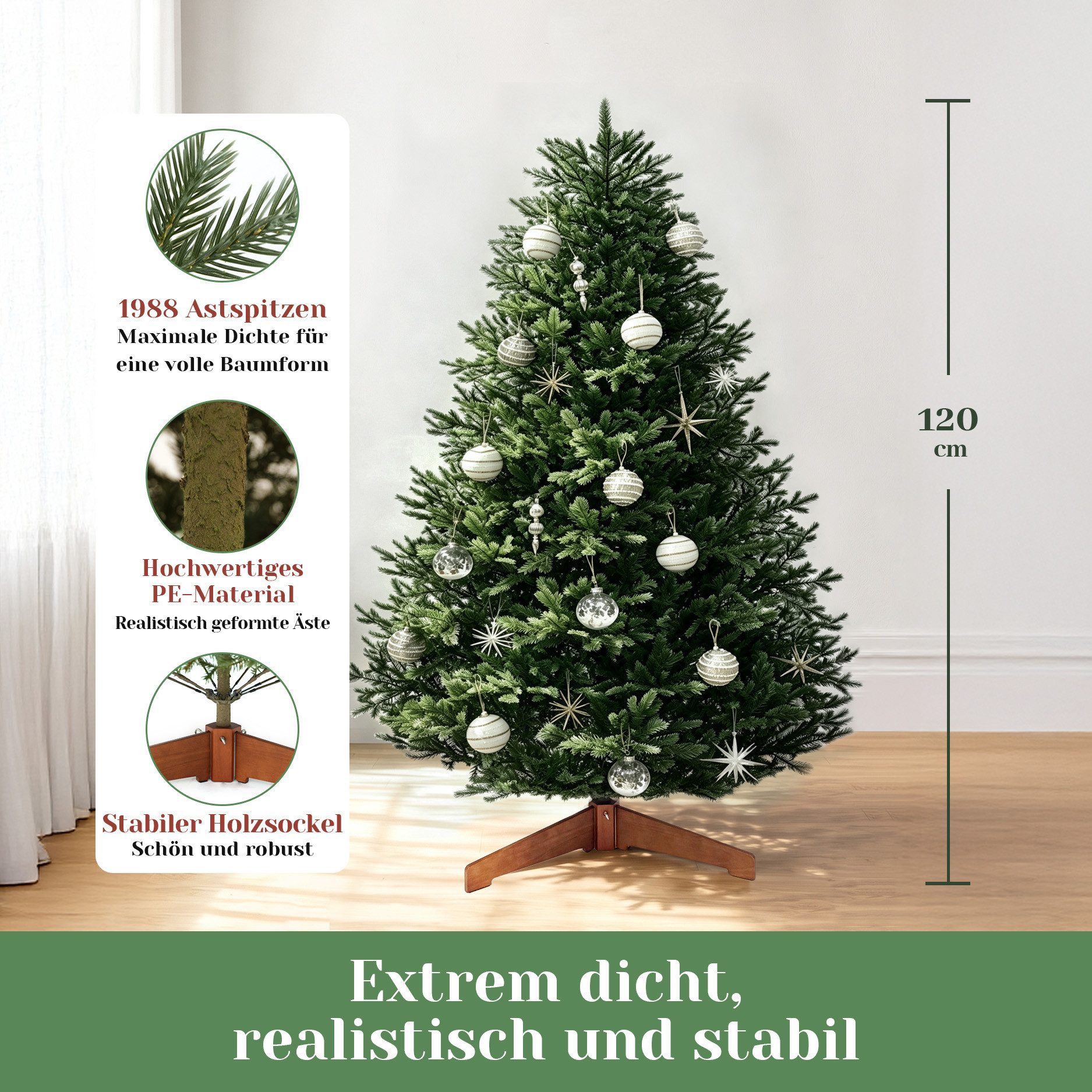 USOKYO Künstlicher Weihnachtsbaum 100 % PE [1,2m/1,8 m/2,1 m] - Naturgetreue Nordmanntanne, Tannenbaum, Premium Weihnachtsbaum mit Holzständer, Klappsystem & la – Bild 3 von 5