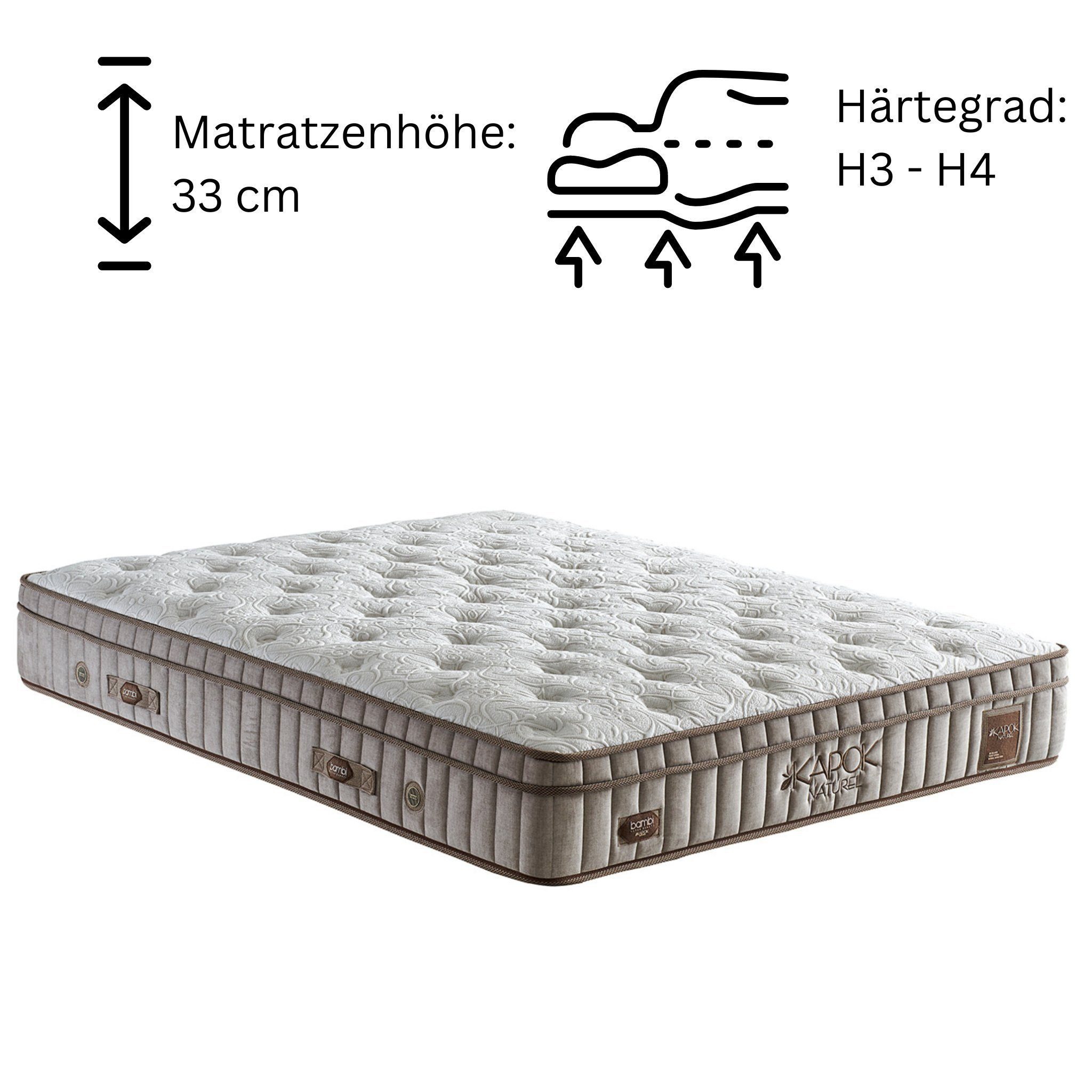 Boxspringmatratze Taschenfederkernmatratze 8 Schichten Matratze 33 cm Höhe Kapok, KuffeSleep