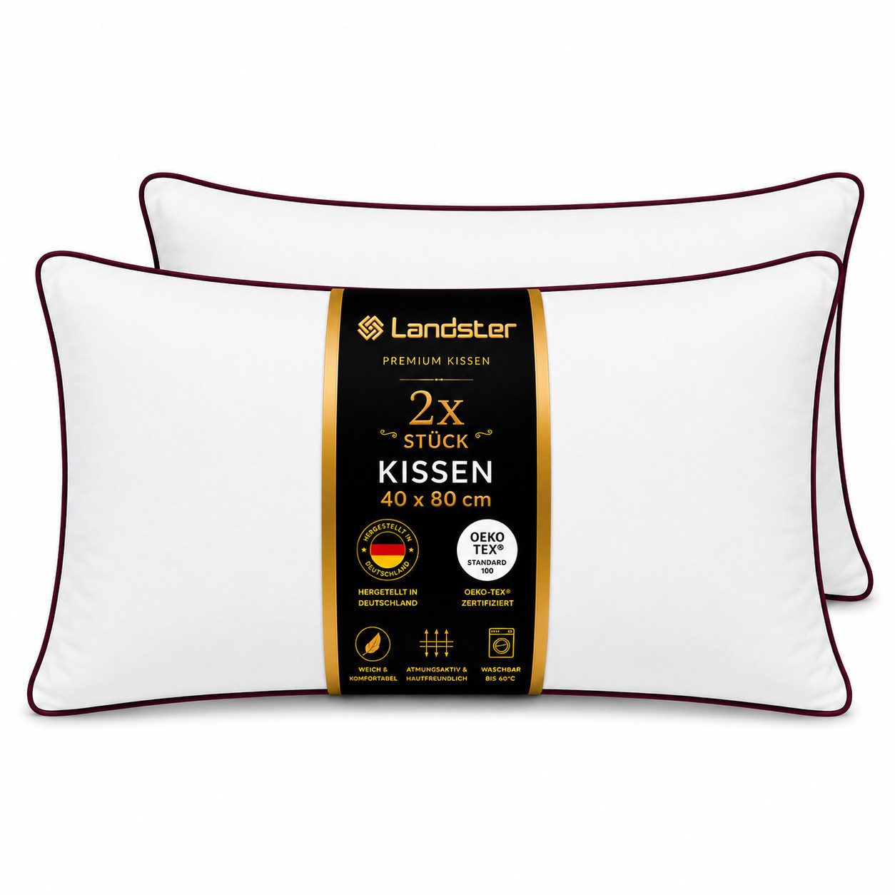 Landster Baumwollkissen Kopfkissen mit Paspelierung Hotelkissen Schlafkissen Hotelqualität, Füllung: 100% Polyester, Seitschläfer, Rückenschläfer, Seitenschläfer, Comfort, Reißverschluss für Füllung-waschbar, Hergestellt in Deutschland