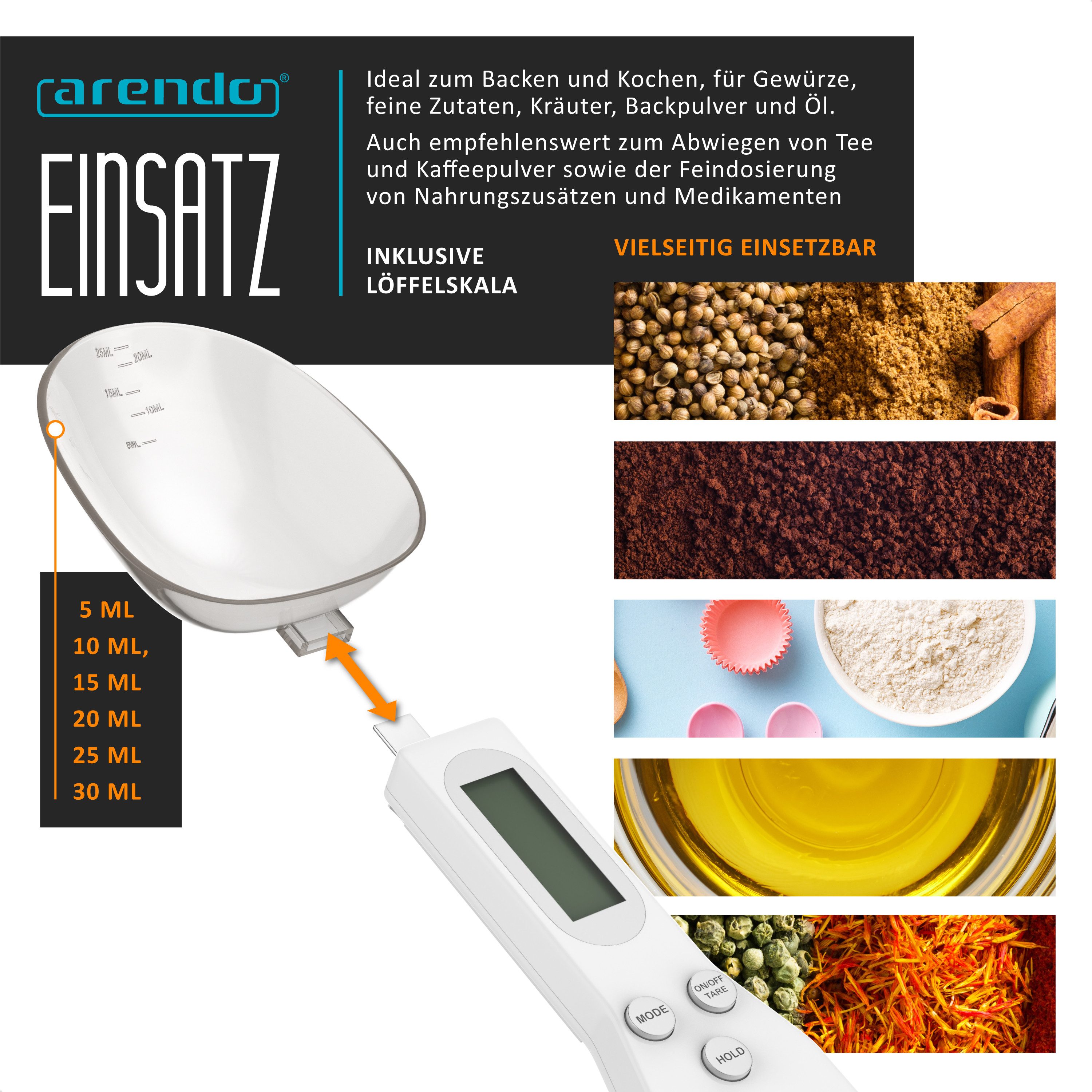 Arendo Löffelwaage digital Küchenwaage Feinwaage, LCD-Anzeige, 0,1g Auflösung, max. 500g, (1-tlg), Tara, Hold, Auto-Abschaltung 60 s, g/oz/gn/ct/ml, Löffel abne – Bild 4 von 5