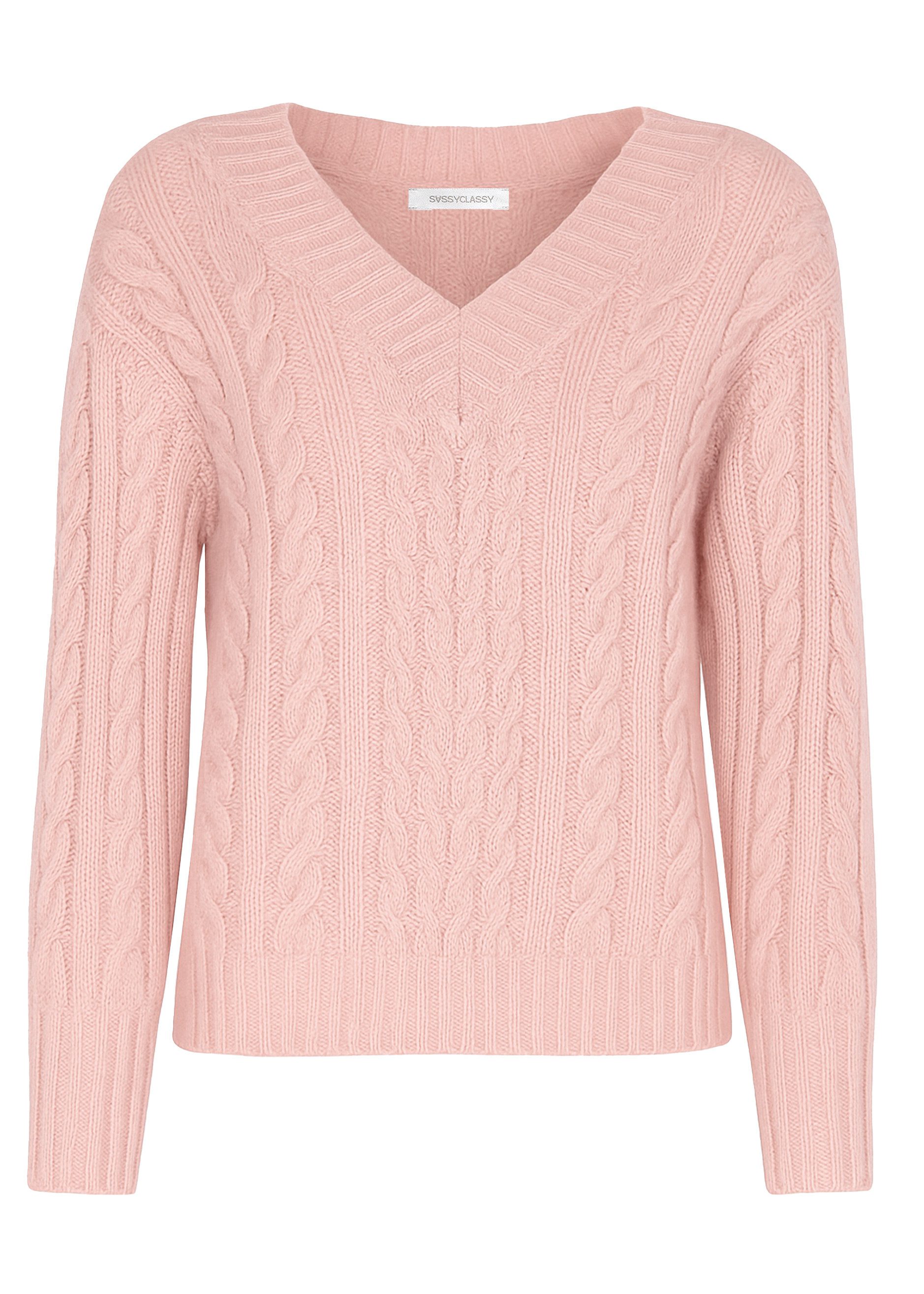 Strickpullover Zopfstrickpullover mit V-Ausschnitt für Damen