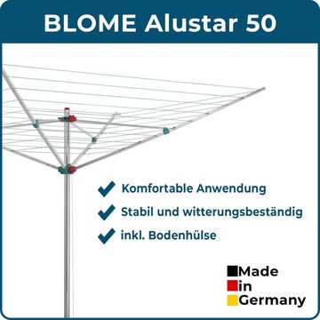Blome Wäschespinne Alustar 50 Meter, inkl. Bodenhüls, Wäsche Spinne draußen, Made in Germany