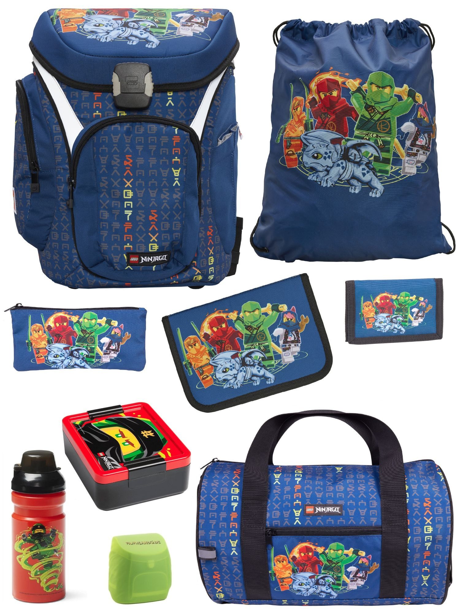 LEGO® Bags Schulranzen Explorer Lego Ninjago Schultasche Blau ab der 1. Klasse (Set, 9-tlg., mit Dose, Flasche und Sporttasche), ergonomisch; mit Hüft- & Brustgurt; Ninja Family