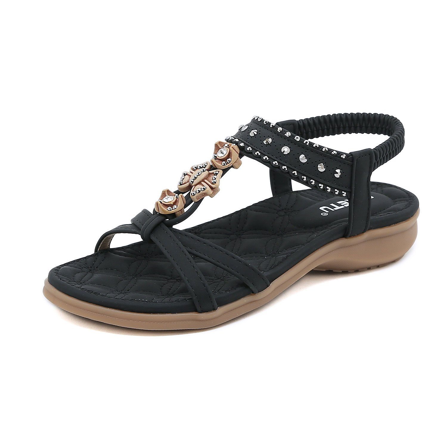MAGICSHE Damen Sandale mit Schmuckelementen mit dekorativen Elementen Riemchensandale Bequeme, elastische Strandschuhe mit Knöchelriemen schwarz