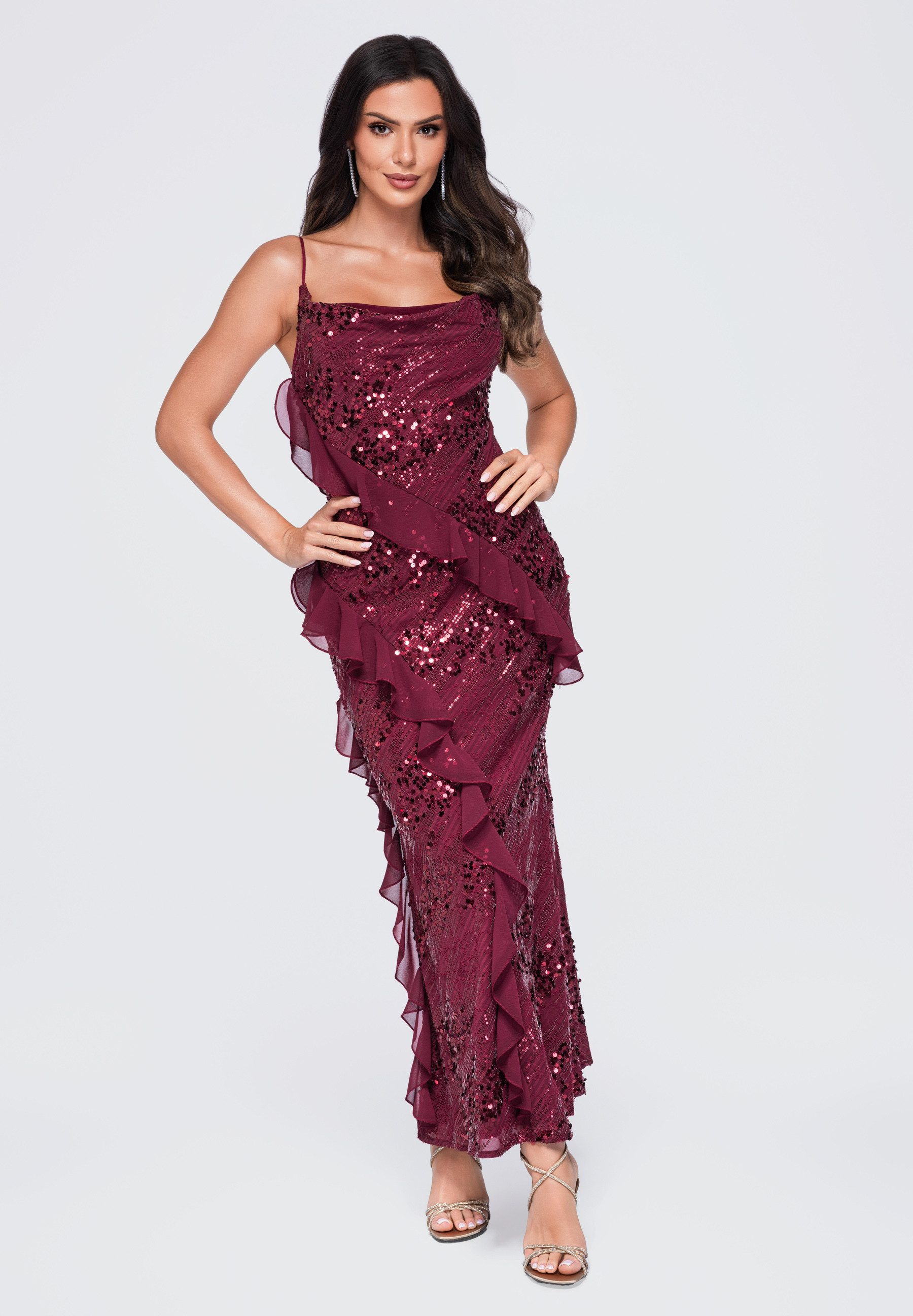 OMBRE Abendkleid Damen Abendkleid Maxi mit asymmetrischen Rüschen Bordeaux M (kein Set, 1-tlg) in Unifarbe
