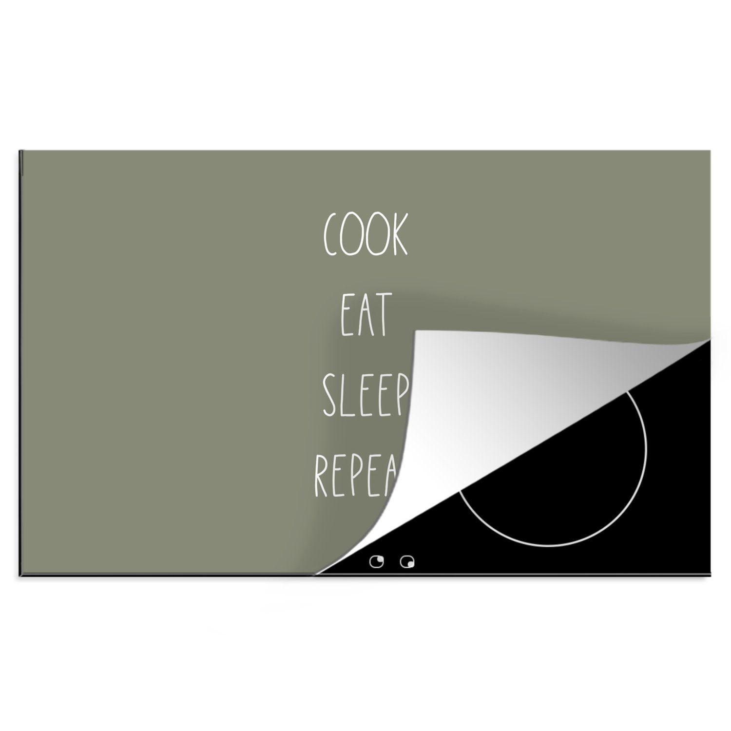 MuchoWow Herdblende-/Abdeckplatte Zitate - Sprichwörter - Kochen essen schlafen wiederholen - Küche, Vinyl, (1 tlg), 83x51 cm, Ceranfeldabdeckung, Arbeitsplatte für küche