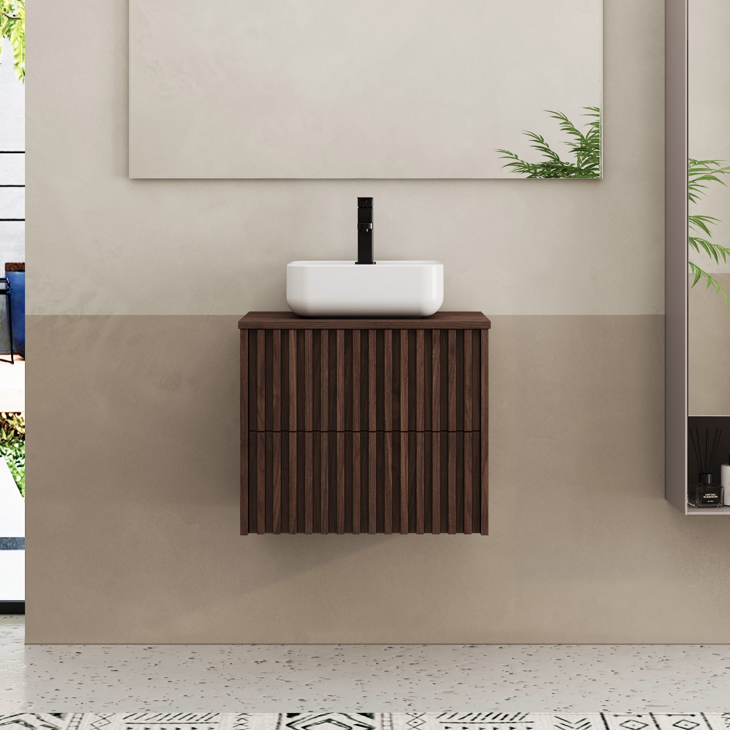 UEV Waschtisch mit Unterschrank hängend Rechteckiges Keramikwaschbecken (Komplett-Set Badmöbel, Badezimmmer Schrank, mit Wasserhahn und Pop-up-Ablassventil Aufsatz-Waschbecken), Soft-close Schubladen,Waschbeckenunterschrank mit 2 Schubladen