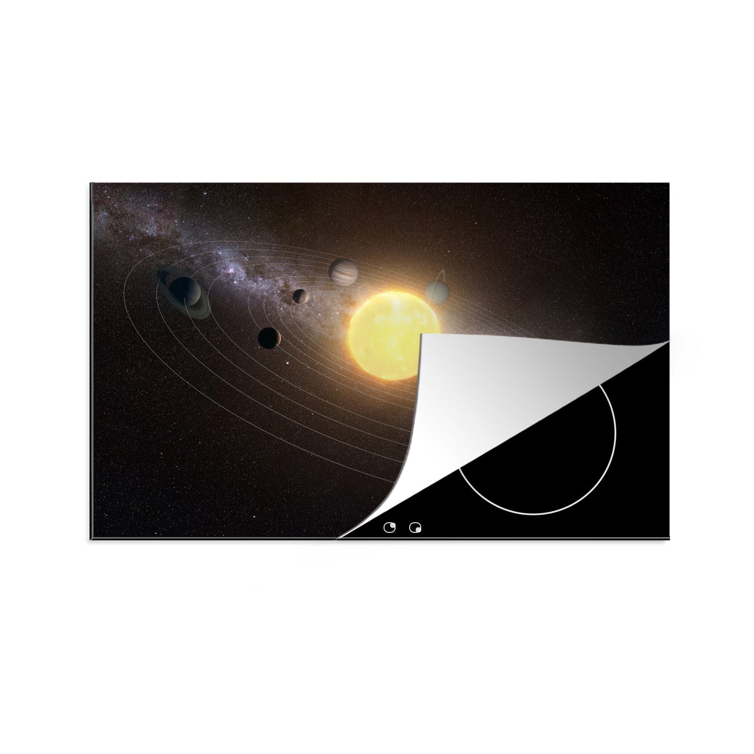 MuchoWow Herdblende-/Abdeckplatte Eine Illustration des Sonnensystems mit der Sonne im Zentrum, Vinyl, (1 tlg), 81x52 cm, Induktionskochfeld Schutz für die küche, Ceranfeldabdeckung