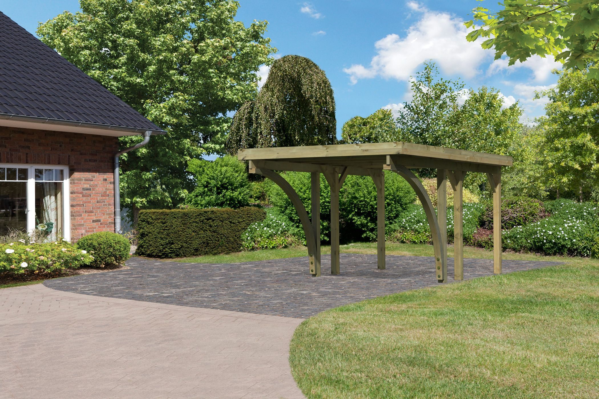 Karibu Einzelcarport »Classic 1 SET« Stahl-Dach Variante C, mit zwei Einfahrtsbogen, BxT: 273x284,5 cm, 206 cm Einfahrtshöhe, (Set), aus Masivholz