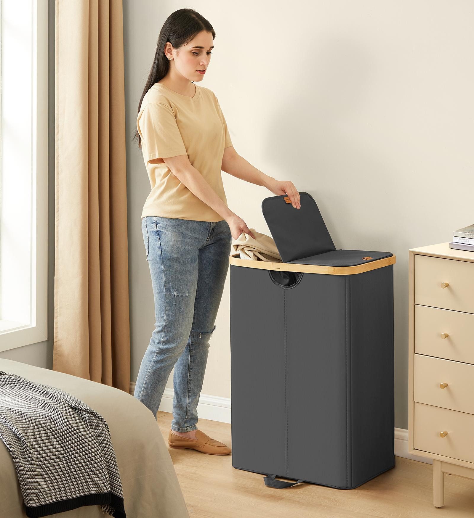 SONGMICS Wäschekorb, 2 Fächer,150 Liter,Deckel,herausnehmbarer Wäschesack,s günstig online kaufen