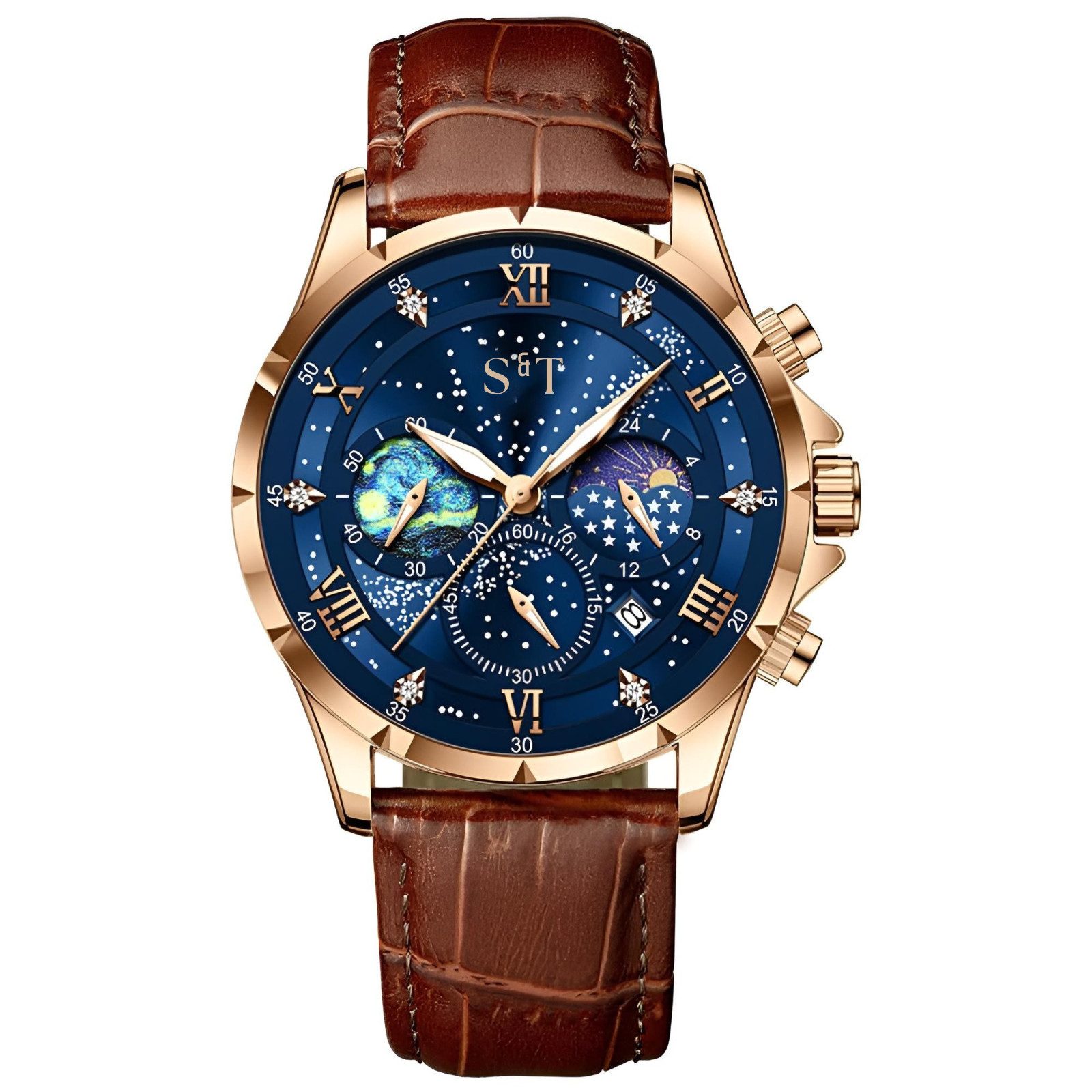 S&T Design Quarzuhr Herrenuhr Leder Braun Chronograph Armbanduhr Lederarmba günstig online kaufen
