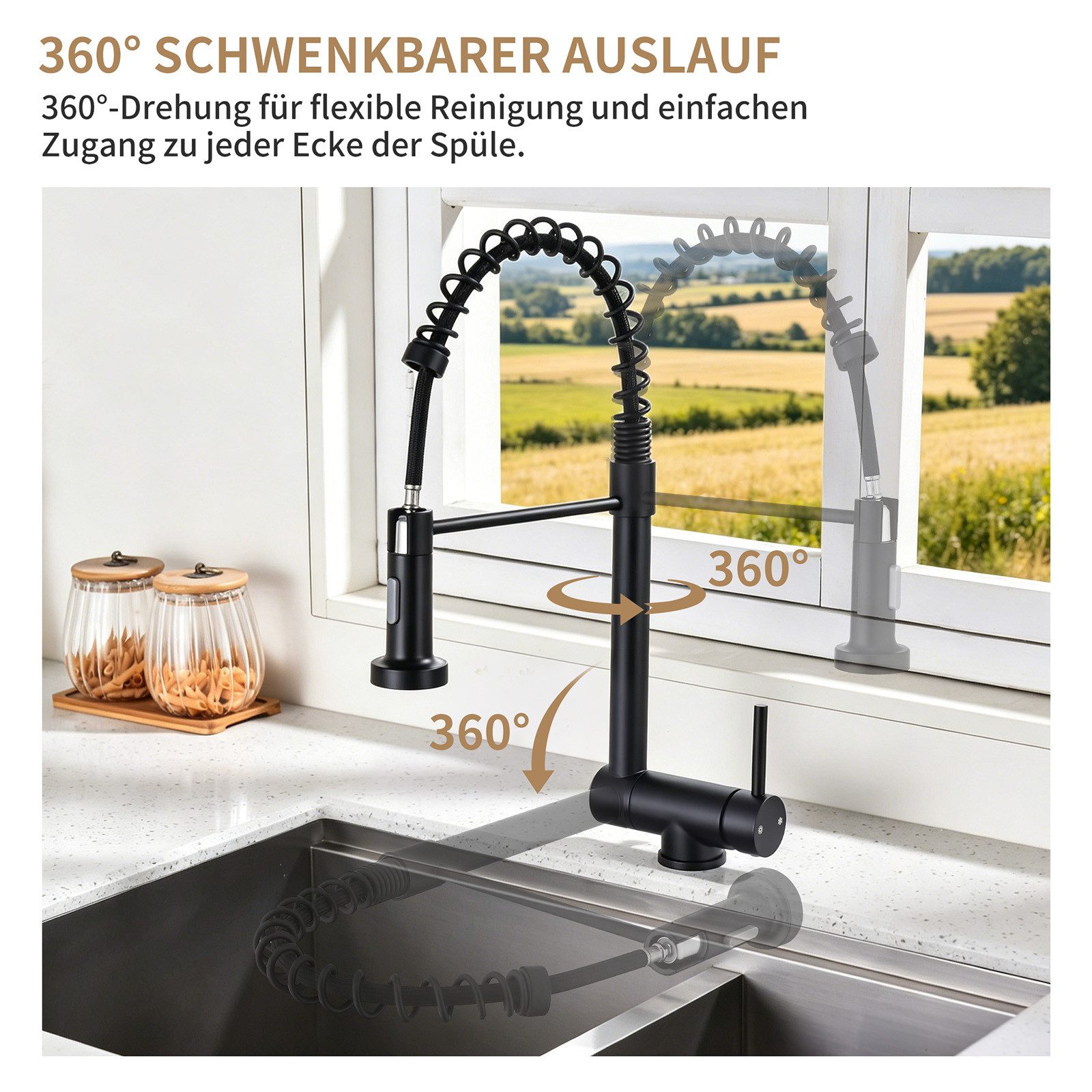HOMELODY Küchenarmatur Vorfenster Wasserhahn, 360° Drehbare, Unterfenster Klappbar 180° (Mischbatterie bad) Spültischarmatur,zwei Strahlarten,Edelstahl 304,Gebü – Bild 3 von 5