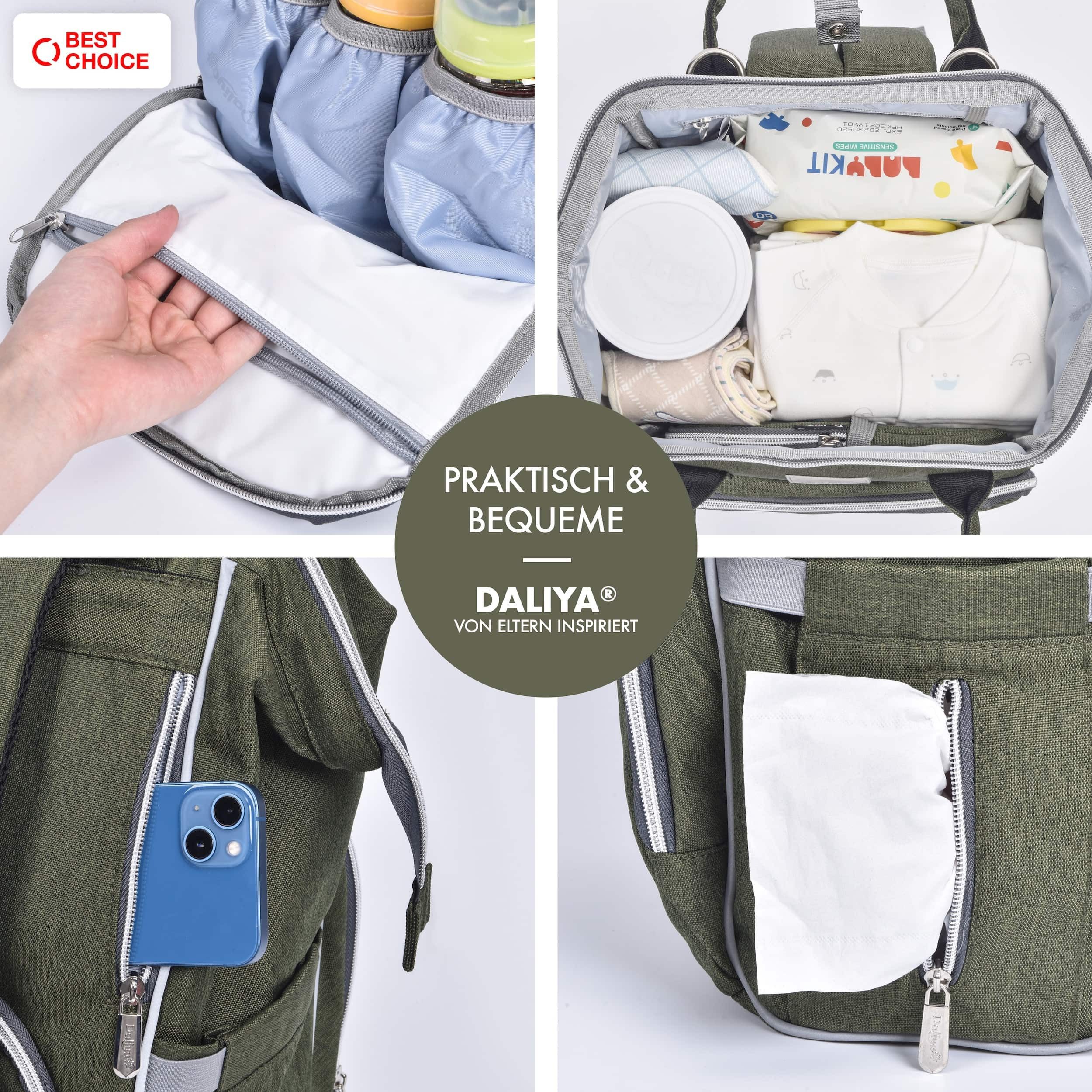 Daliya® Wickeltasche PAKMI Wickelrucksack, Kinderwagentaschen, Mamabag (Set, 5-tlg., Befestigungsriemen), Thermofächer, Schnuller Aufbewahrung, Wickelunterlage, hochwertig