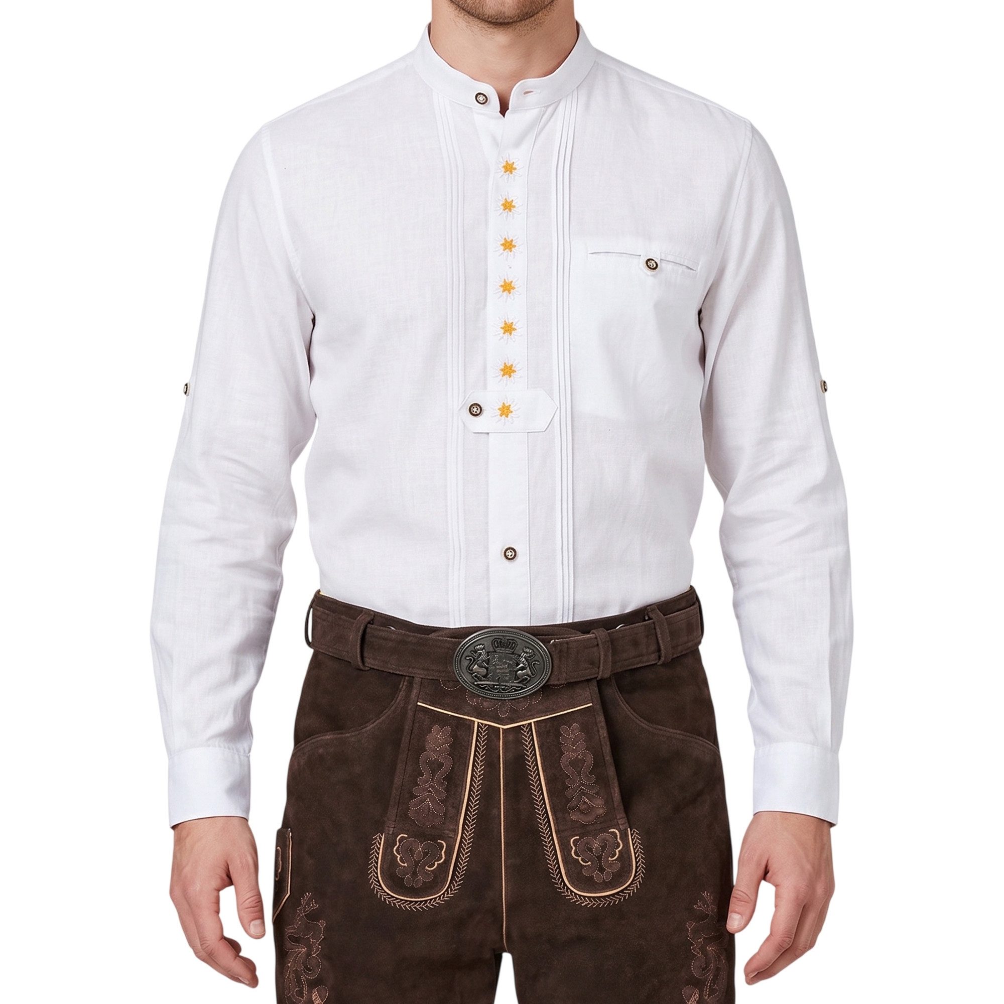 German Wear Trachtenhemd GW1253 Trachtenhemd Edelweiß bestickt Stehkragen Biesen Krempelärmel