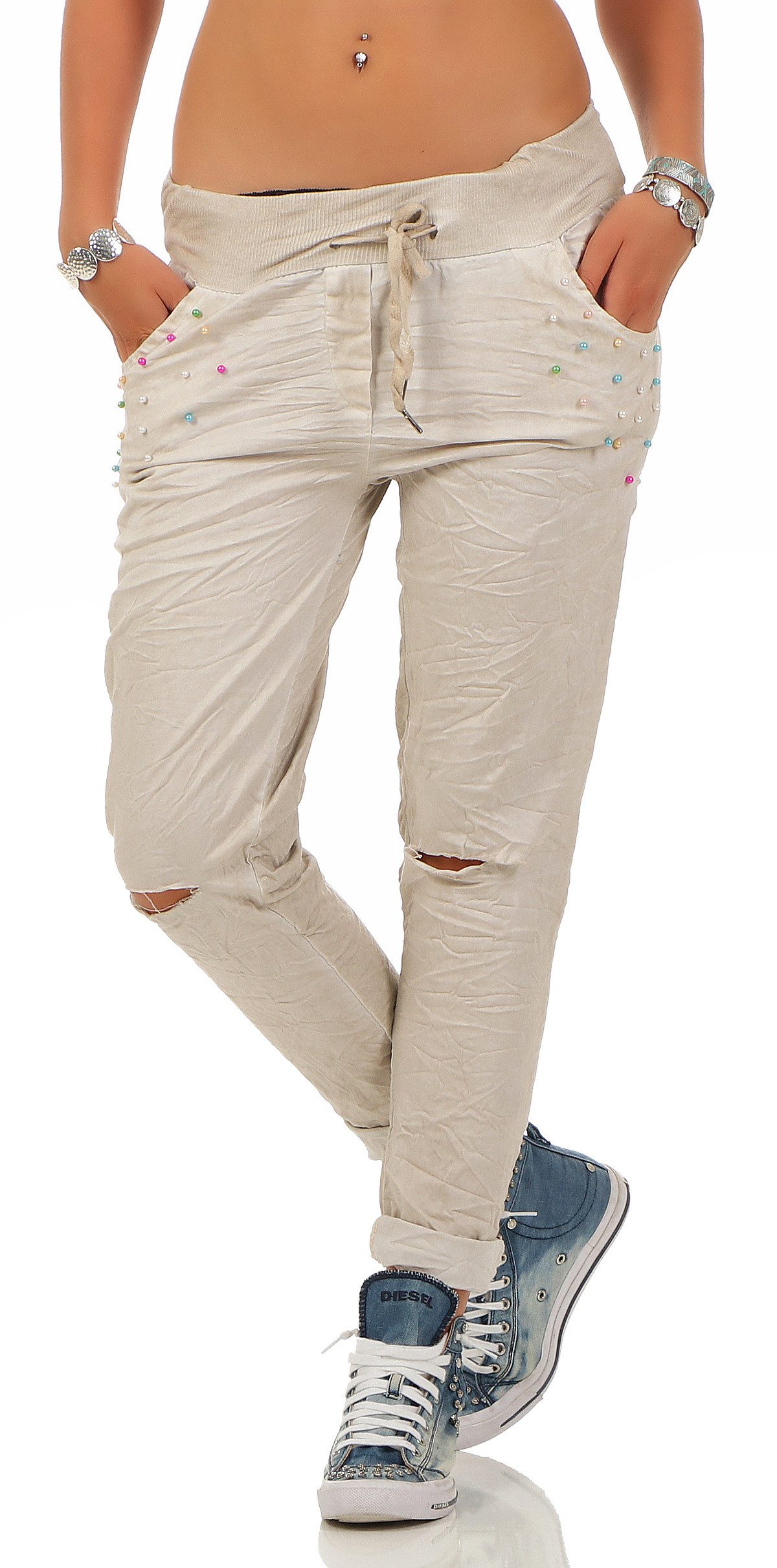 Mississhop Chinohose Trendige Jogger-Hose mit Print & Patches – Bequem günstig online kaufen