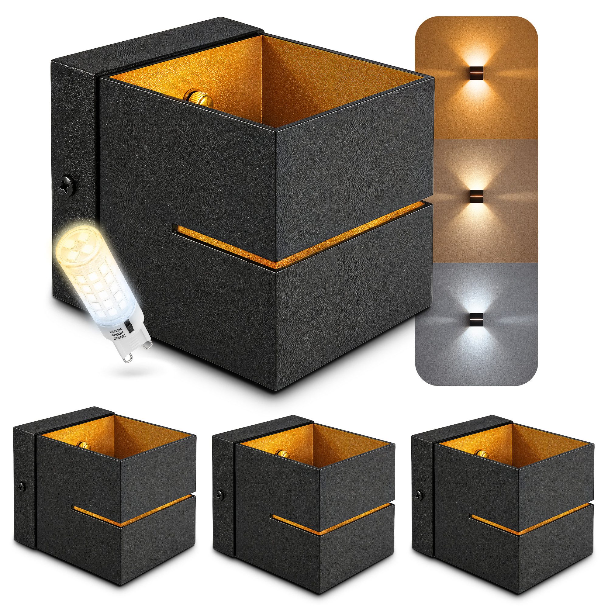 SSC-LUXon LED Wandleuchte KOURA Wandleuchte schwarz gold Up Down LED G9 Birne dimmbar 4W 3CCT, Neutralweiß, Warmweiß, Tageslichtweiß