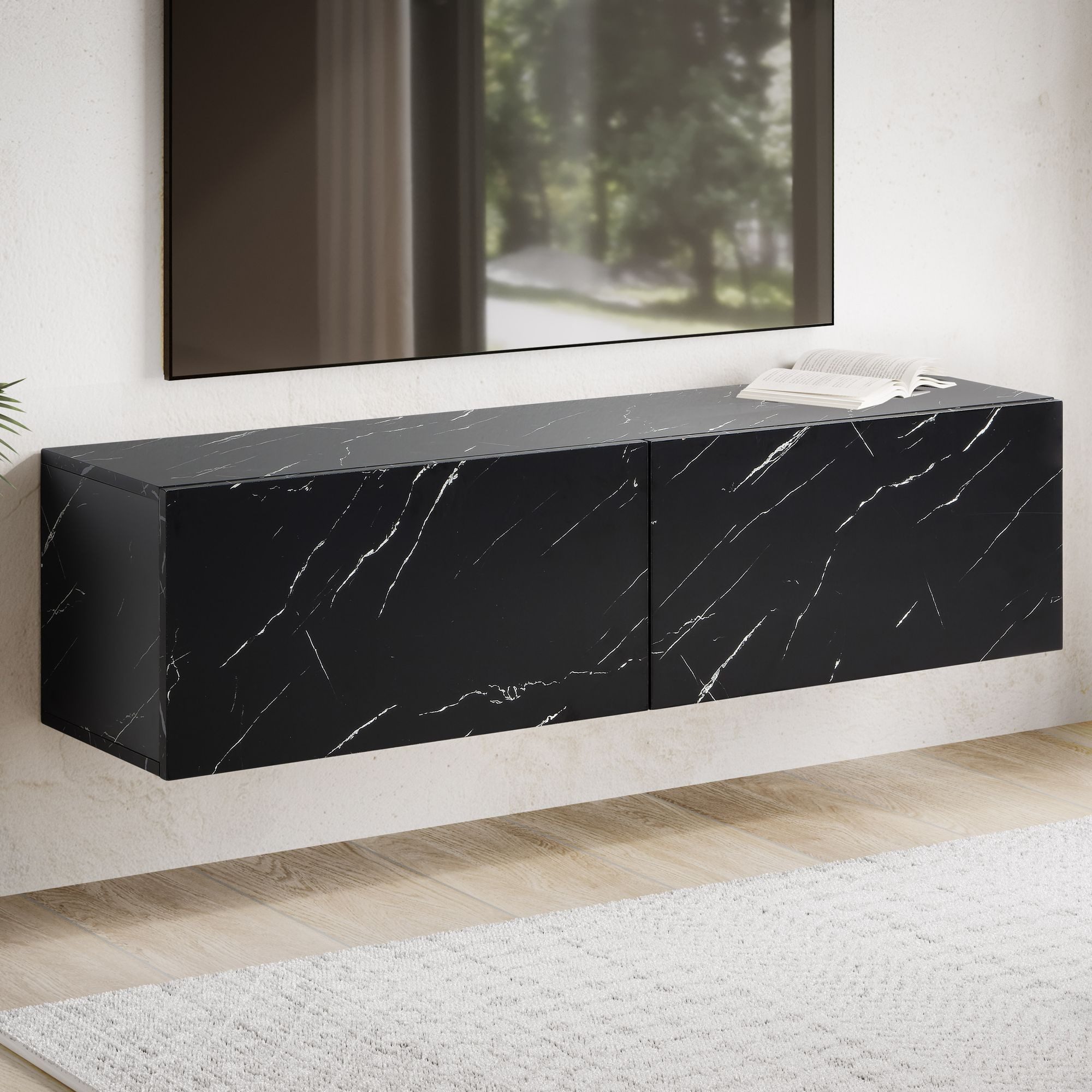 FINEBUY Lowboard FB58626 (Marmor-Optik Schwarz 120x30x30 cm mit zwei Türen) günstig online kaufen