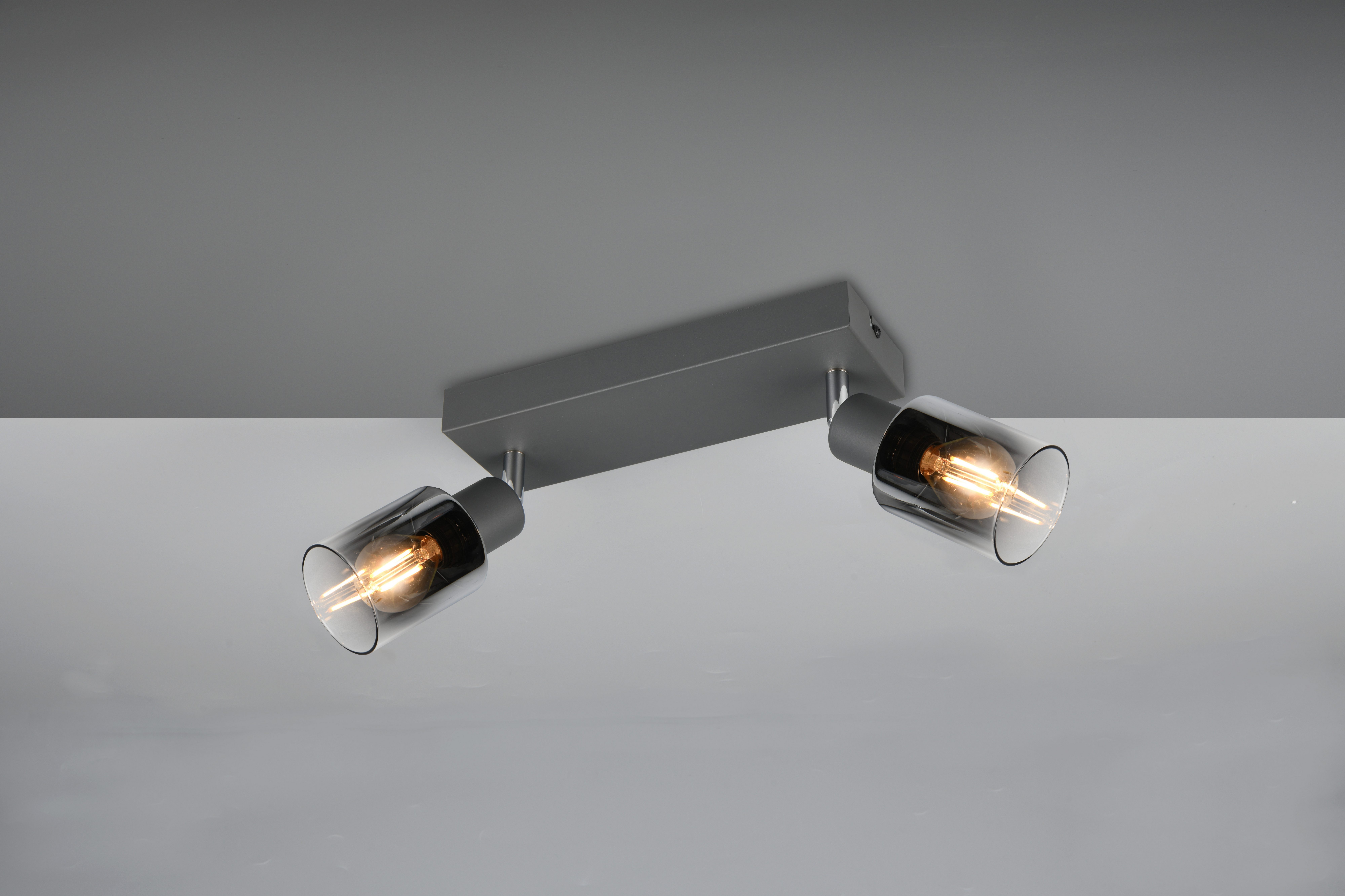 Reality Leuchten Deckenstrahler CADIZ, Spot 2-flammig, exkl 2xE14 max 10W, Glas anthrazit, verspiegelt, Leuchtmittel wechselbar, warmweiß - kaltweiß, verstellbarer Deckenspot E14 Fassung, mit Glasschirm smoke Farbverlauf