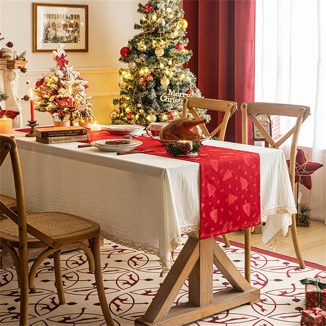 Gedruckte Party Tischdecke,Festliche Weihnachtsdekoration DÖRÖY Tischläufer Tischflaggen