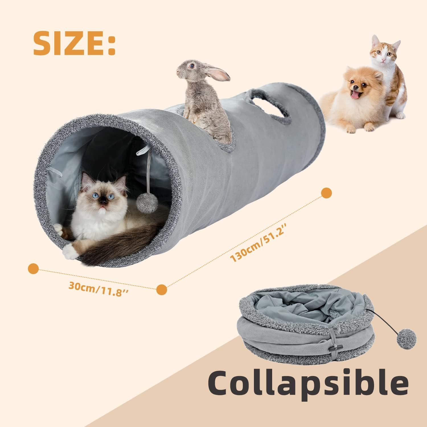 Refined Living Agility-Tunnel Faltbarer Katzentunnel mit Spielball, Rascheltunnel Für Katzen, Wildlederimitat, Rascheltunnel Katze, Katzenspielzeug Tunnel, Versteckspiel Katze, Katzentunnel für drinnen, Wildlederimitat, mit zwei Gucklöchern und einem Spielball, Extra langer Katzentunnel 130 cm (L) x 30 cm (Durchmesser) für große Katzen. (1-tlg) für Katzen, Kaninchen, Welpen und andere Kleintiere