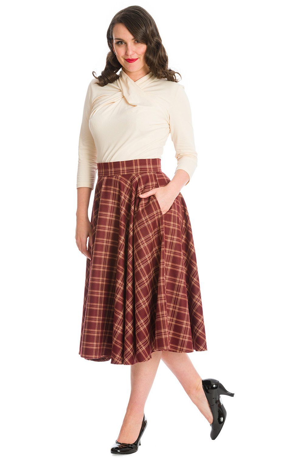 Banned A-Linien-Rock Adore Her Burgunder Kariert Retro Vintage Swing Skirt günstig online kaufen