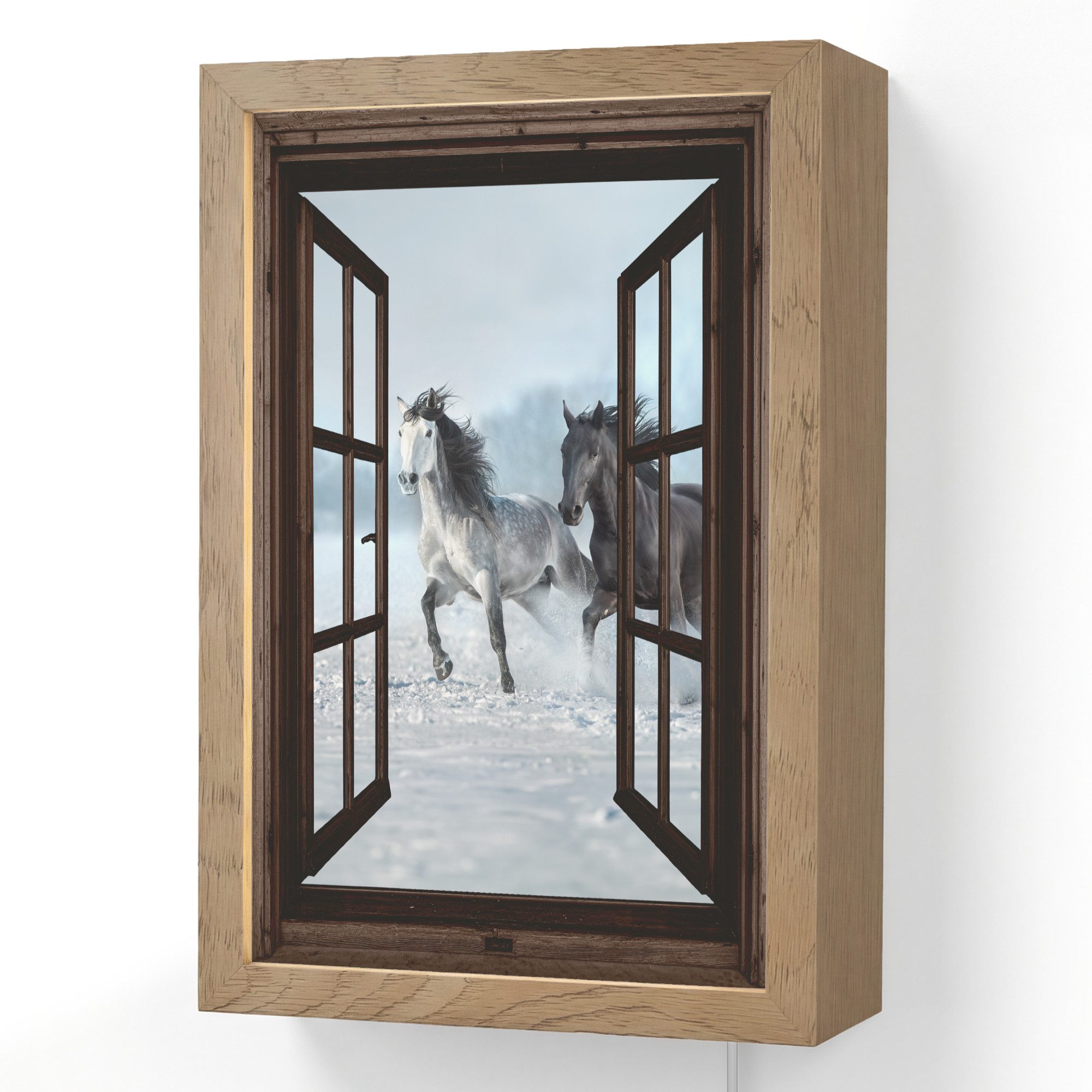 OnlyWow Wandleuchte Lightbox Pferde - Winter - Tiere - Natur - Durchblicken, Dimmbar, Farbwechsel, LED, Warmweiß, Kaltweiß, Neutralweiß Einstellbar, Wandlampe Innen, Dimmbar, mit Kabel, LED, Beleuchtung, Wohnzimmer
