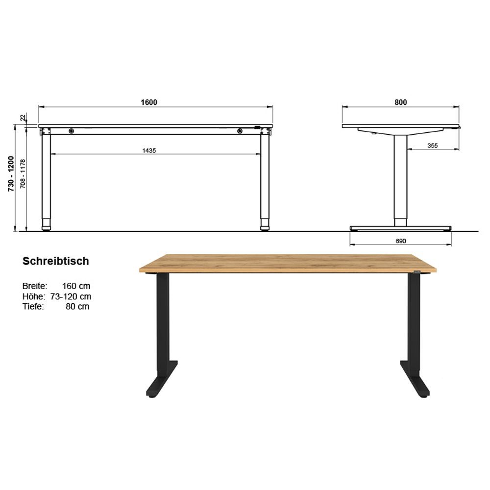 Lomadox Schreibtisch LUGANO-01, Nb. Navarra mit schwarz cm 160/73/80 Eiche