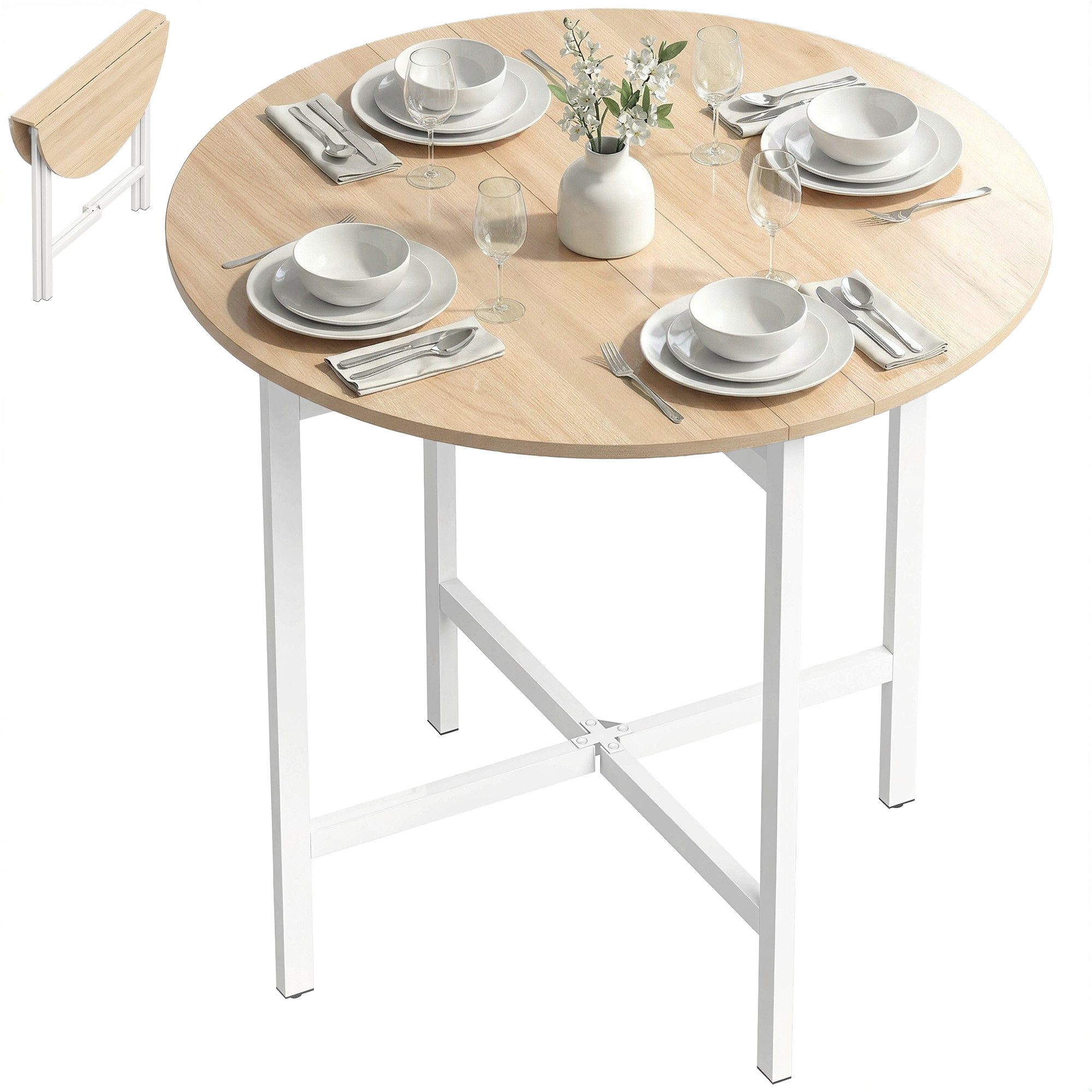 HOMCOM Klapptisch Esstisch für 2-4 Personen, mit Stahleinen, Esszimmer, Naturholz (Esszimmertisch, 1-St., Küchentisch), Runde, klappbare Tischplatte, platzsparend