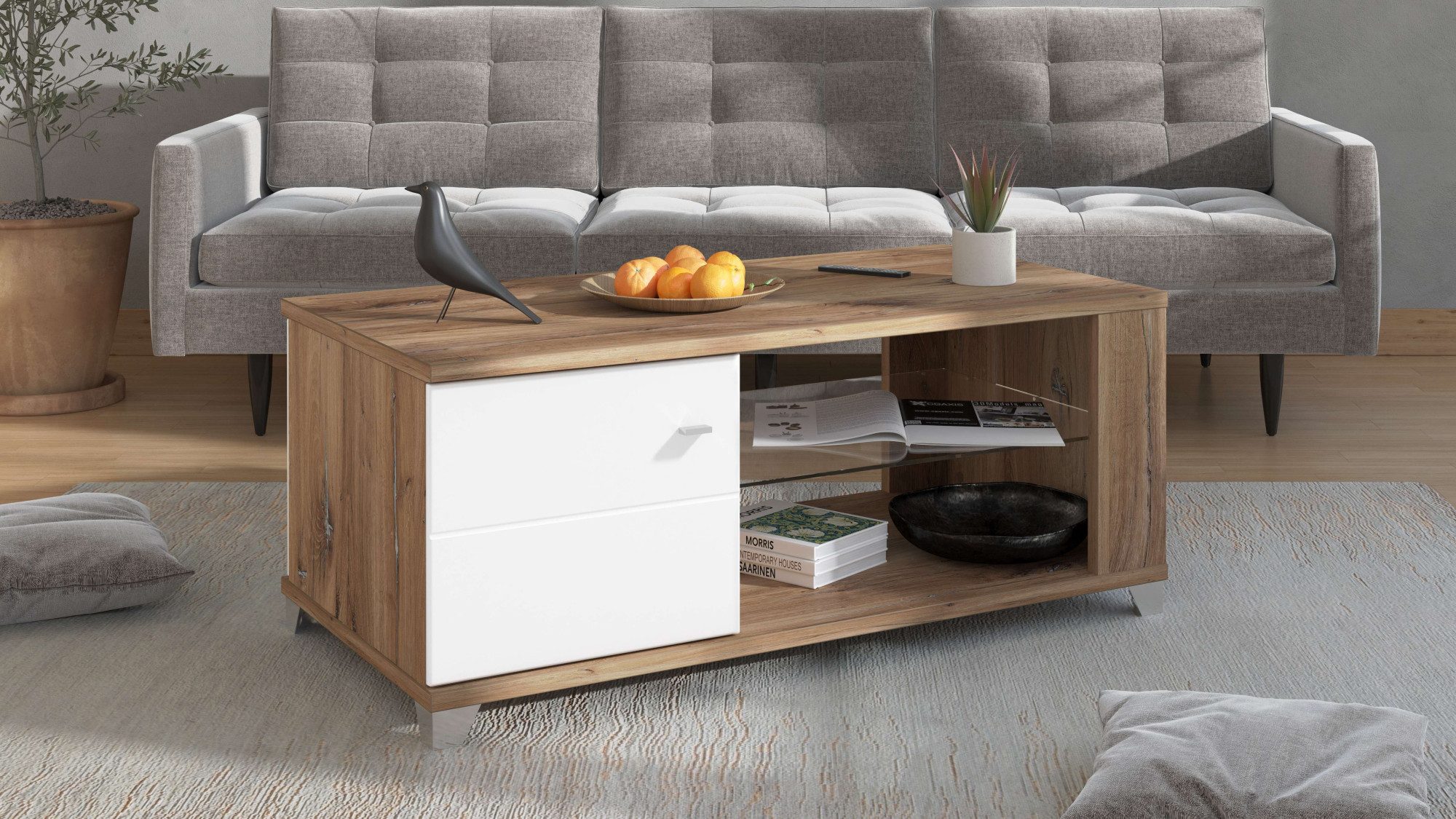 INOSIGN Couchtisch Burgundy120 cm, rechteckig, in zeitloser Design, mit viel Stauraum, Flagstaf Eiche Dekor mit Segmenten in Weiß