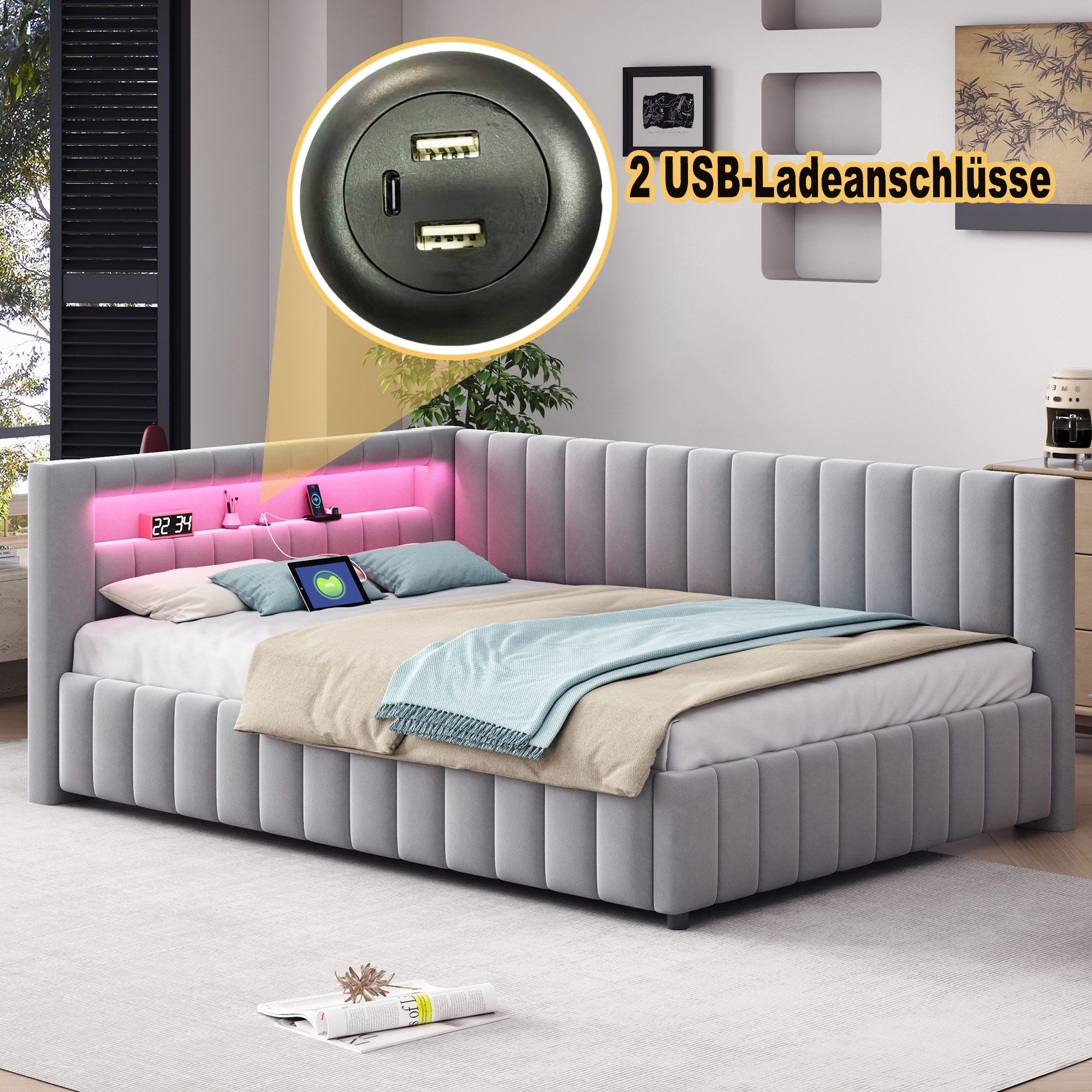 REDOM Schlafsofa Polsterbett,Funktionsbett,Jugendbett, 140x200 mit LED & USB, L-förmiges Design für Wohnzimmer & Schlafzimmer, Samtstoff mit stabilem Lattenrost & Kopfteil, Ohne Matratze