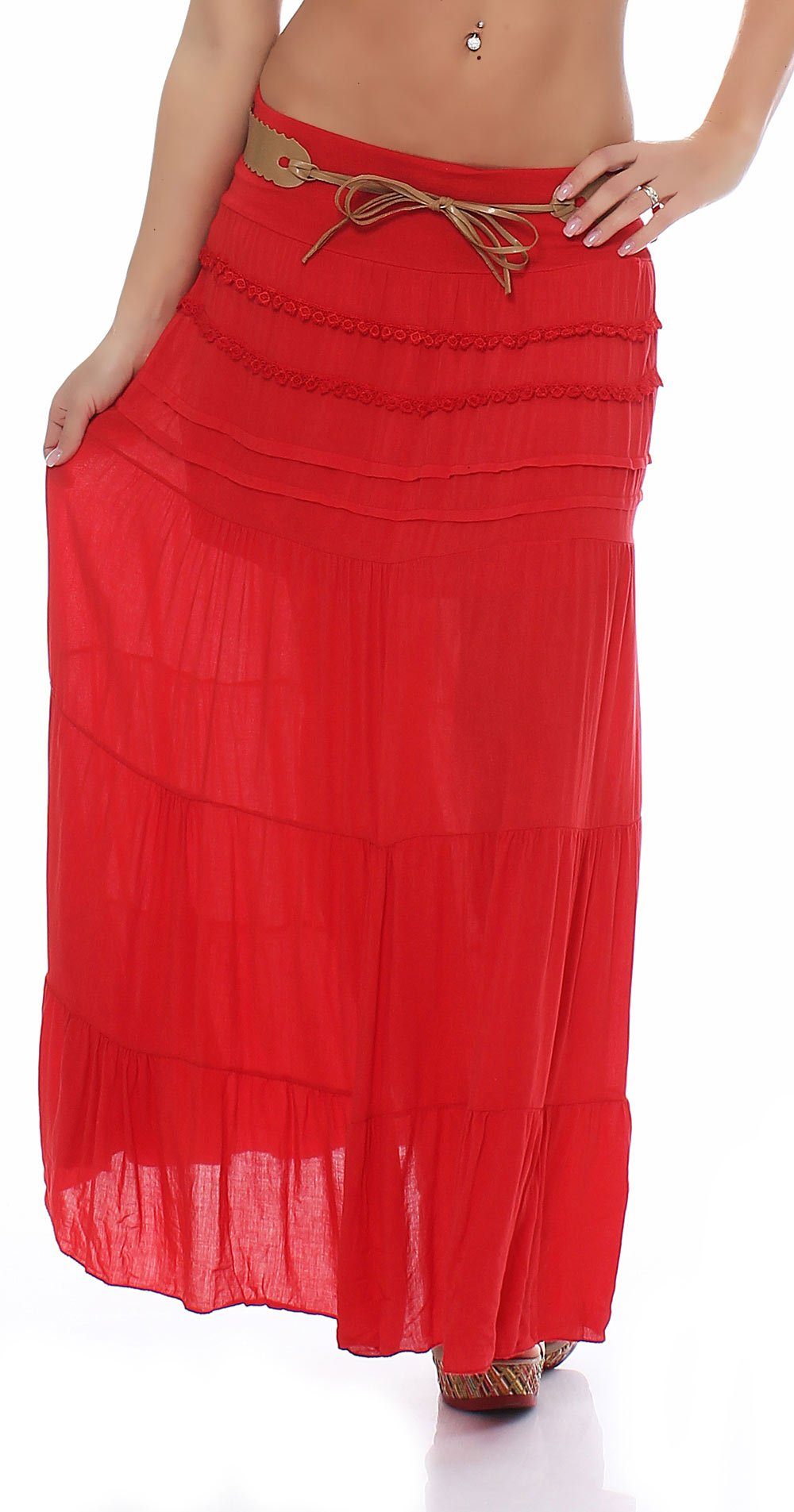 malito more than fashion Sommerrock malito Damen Maxi Rock mit Strickmuster, langer Rock mit Gürtel, luftiger Maxirock